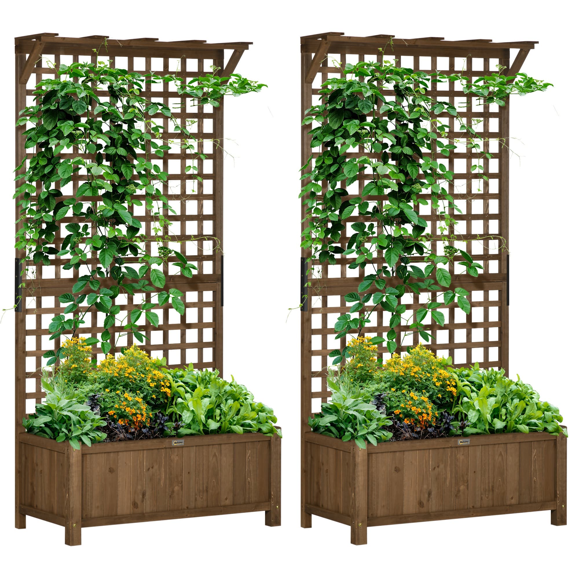 Outsunny 2 Pcs Raised Bed with Drainage Holes, Wood Planter with Trellis for Climbing Plants to Grow Vegetables, Flowers, Brown | Aosom UK