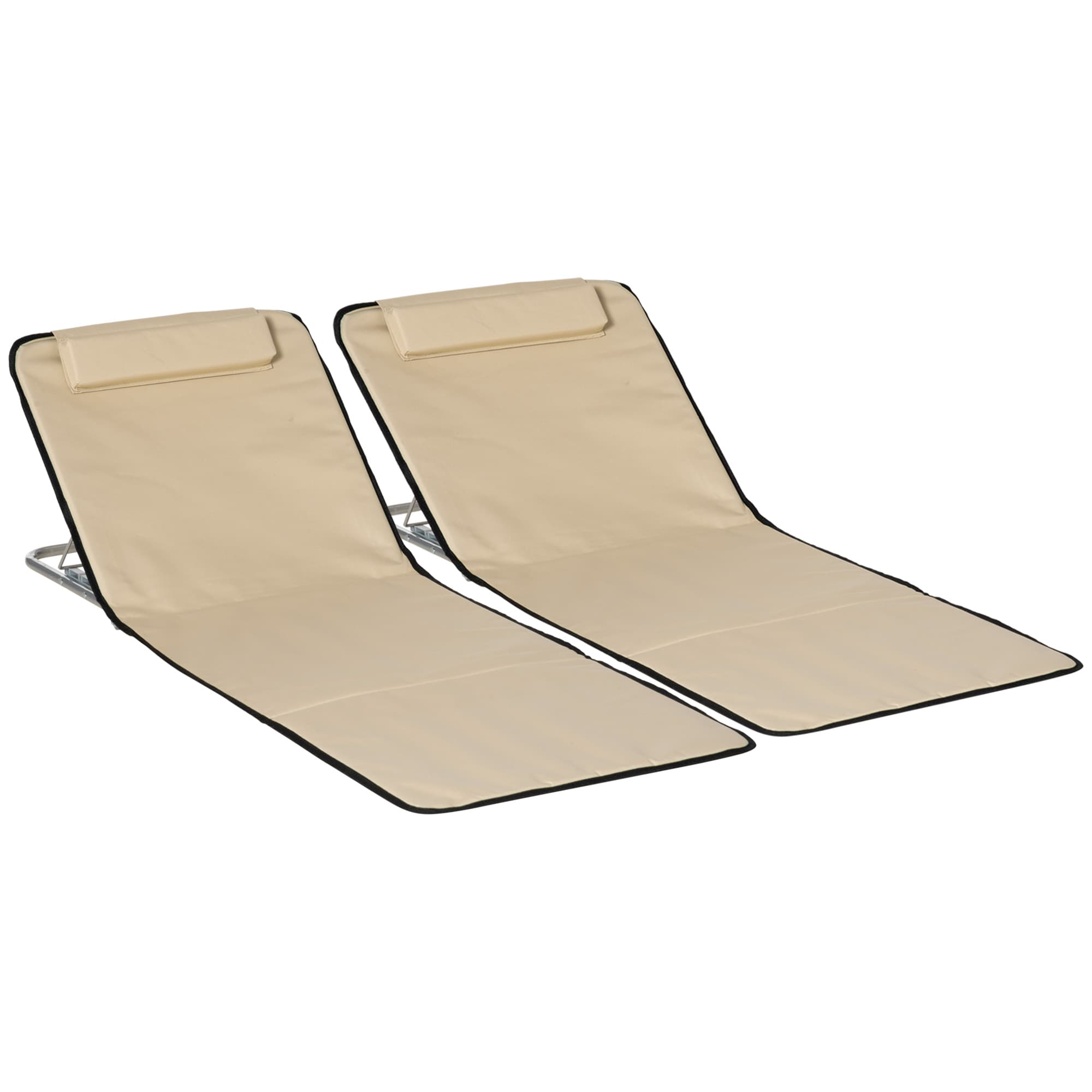 Outsunny Set of 2 Foldable Garden Beach Chair Mat Lightweight Outdoor Sun Lounger Seats Adjustable Back Metal Frame PE Head Pillow, Beige | Aosom UK