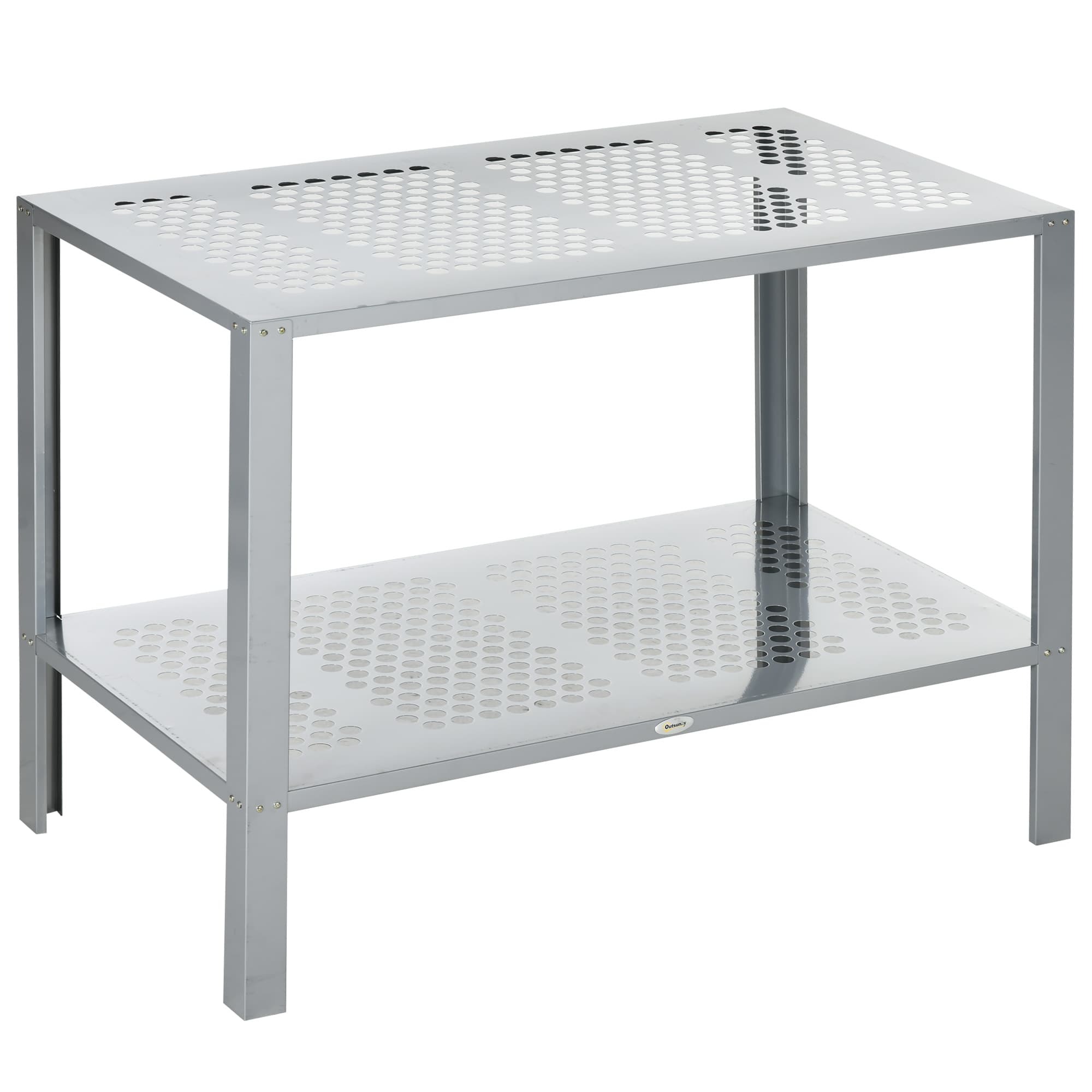 Outsunny 2-Tier Plant Stand, Corner Plant Shelf for Outdoor and Indoor Storage Organizer, Freestanding Flower Rack w/Steel Frame, Silver | Aosom UK