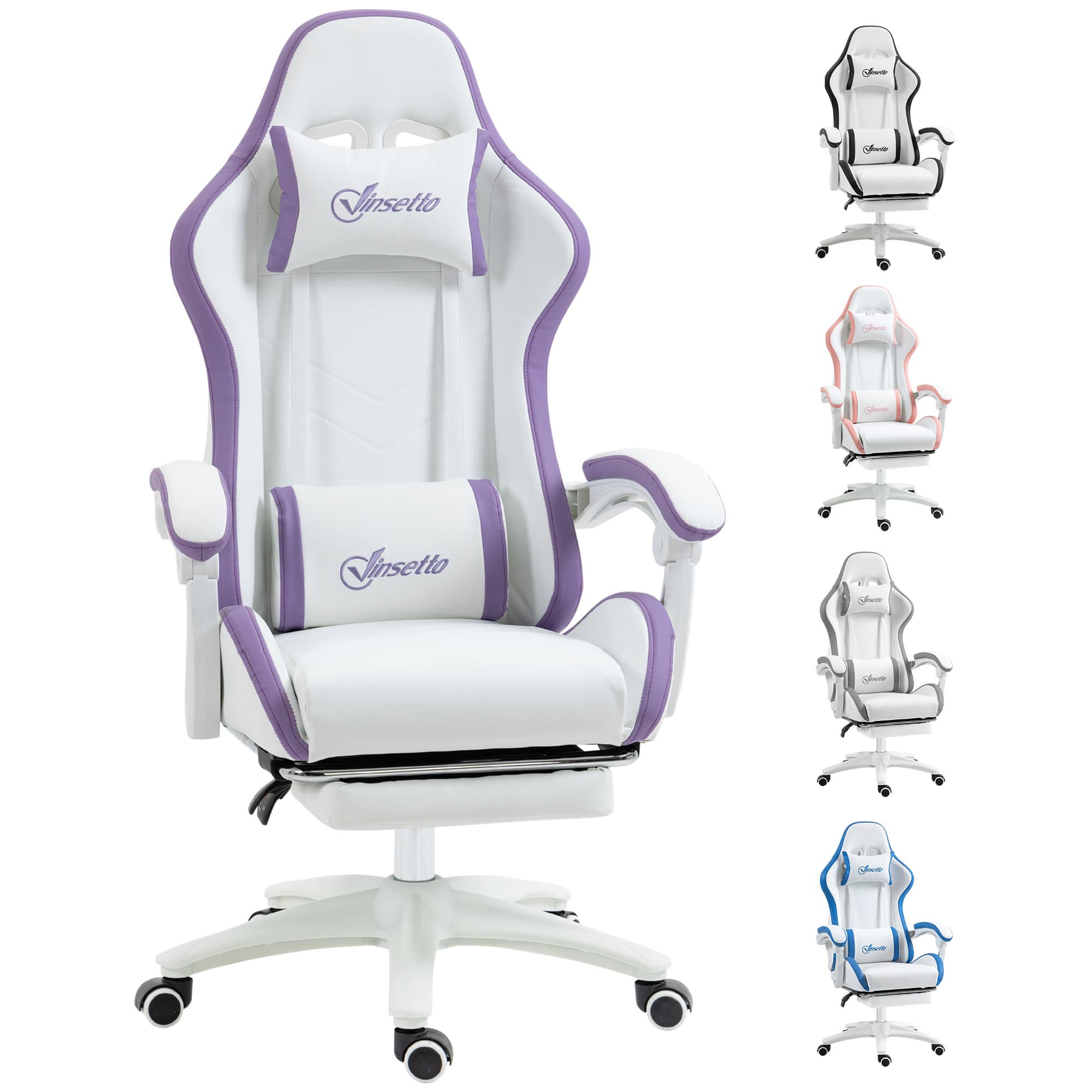 Vinsetto Gaming Chair, Recliner with PU Leather, 360 Swivel, Footrest & Lumbar Support, Purple | Aosom UK