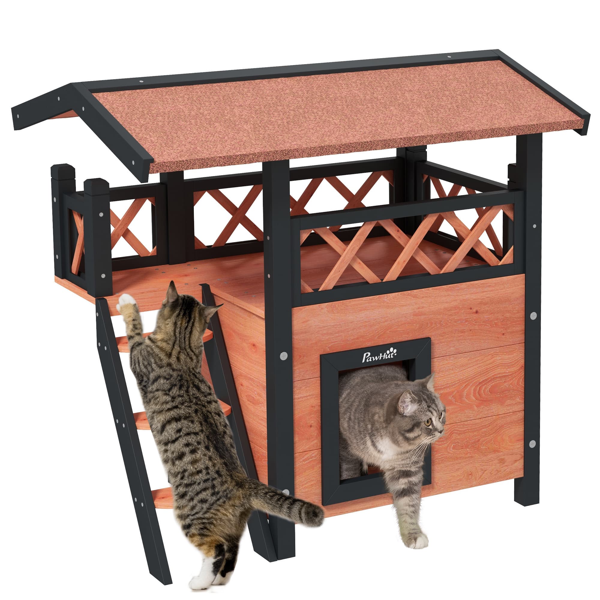 PawHut Cat House Outdoor w/ Balcony Stairs Roof, 77 x 50 x 73 cm, Brown | Aosom UK