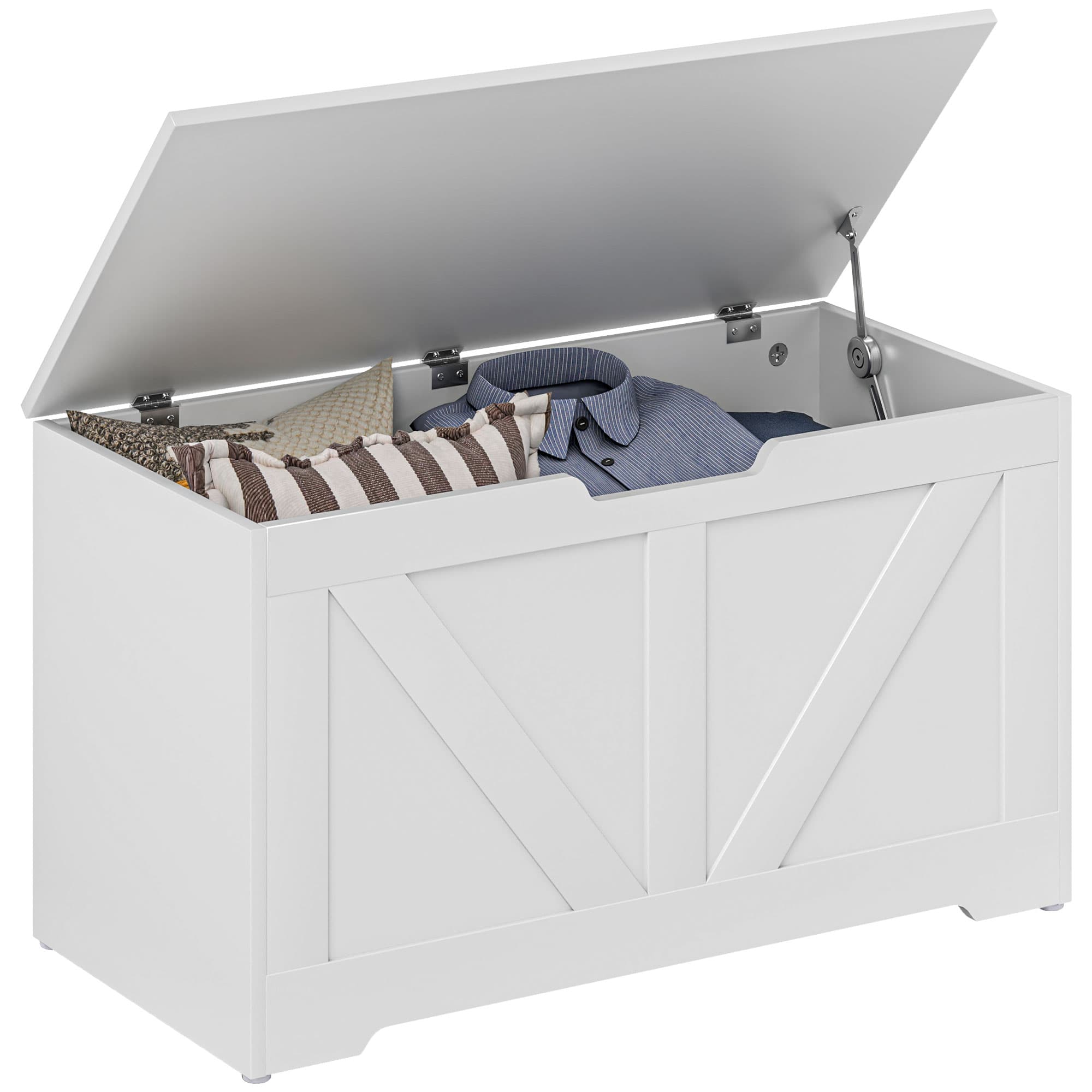 HOMCOM 100L Home Storage Box, with Safety Hinges - White Wood-Effect | Aosom UK thumbnail 2