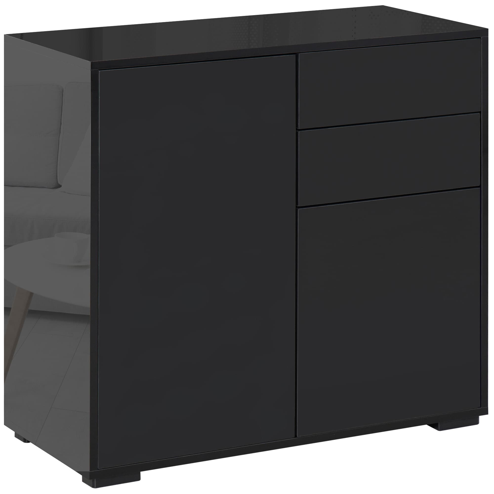 HOMCOM High Gloss Sideboard, Side Cabinet, Push-Open Design with 2 Drawer for Living Room, Bedroom, Black | Aosom UK