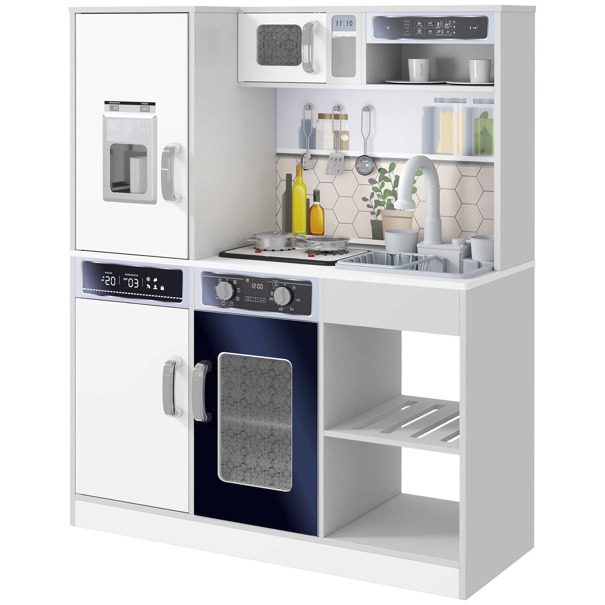 AIYAPLAY Pretend Play Toy Kitchen, Kids Kitchen Playset w/ Sounds and Lights Running Water, Coffee Maker, Refrigerator | Aosom UK