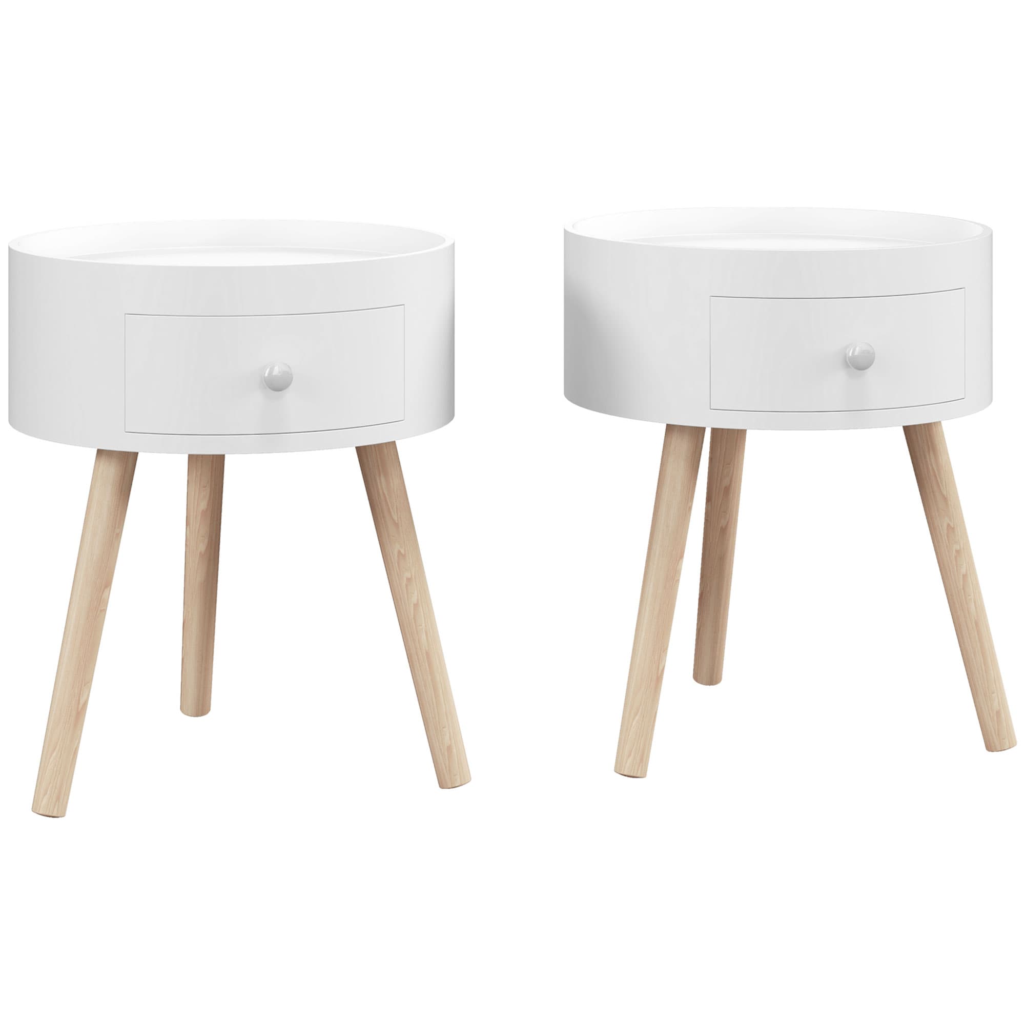 HOMCOM Modern Side Table, Small Coffee Table, Round Bedside Table with Drawer and Wood Legs for Living Room, Bedroom, Set of 2, White | Aosom UK