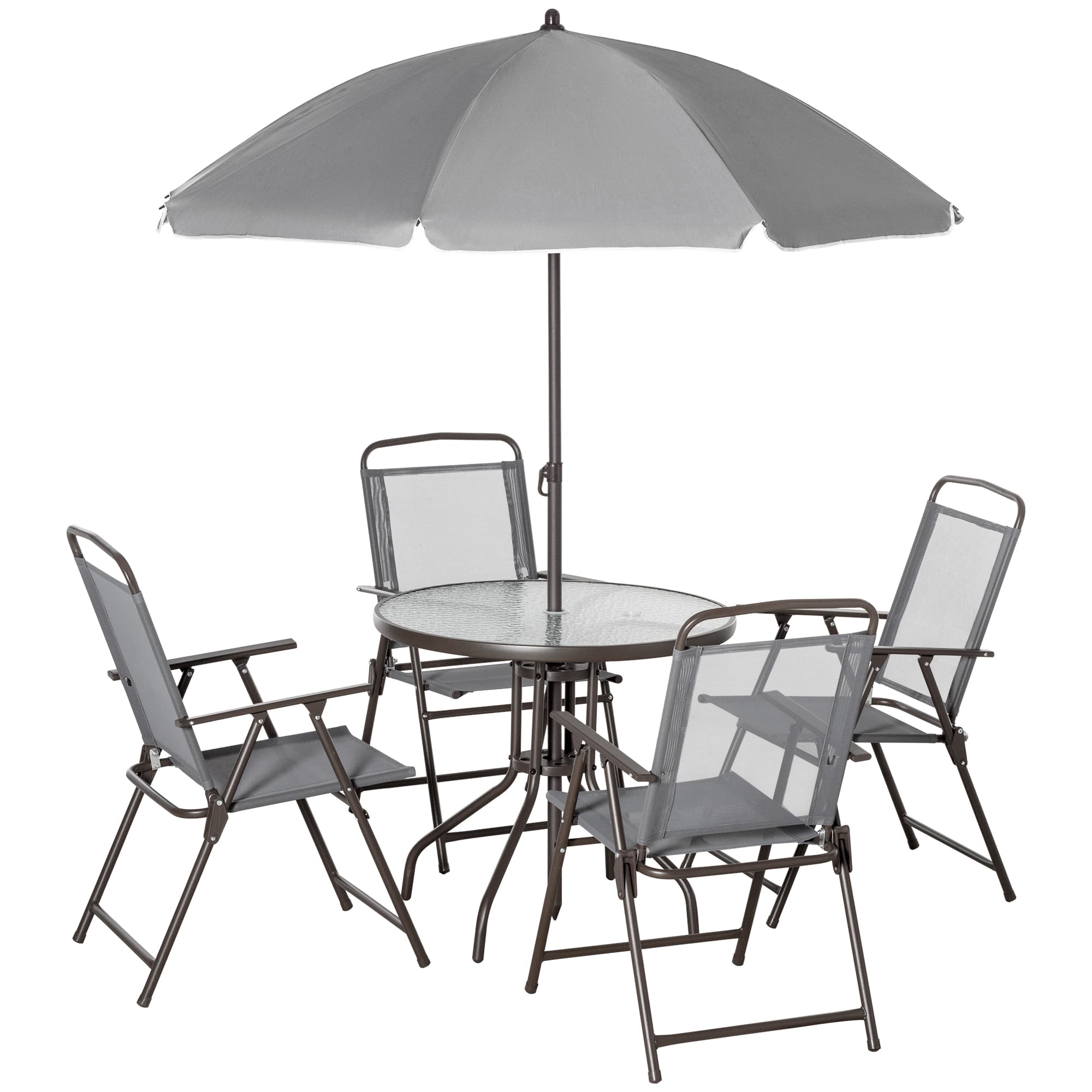 Outsunny 6 Piece Patio Dining Set with Umbrella, 4 Folding Dining Chairs & Round Tempered Glass Table for Backyard and Poolside, Grey | Aosom UK