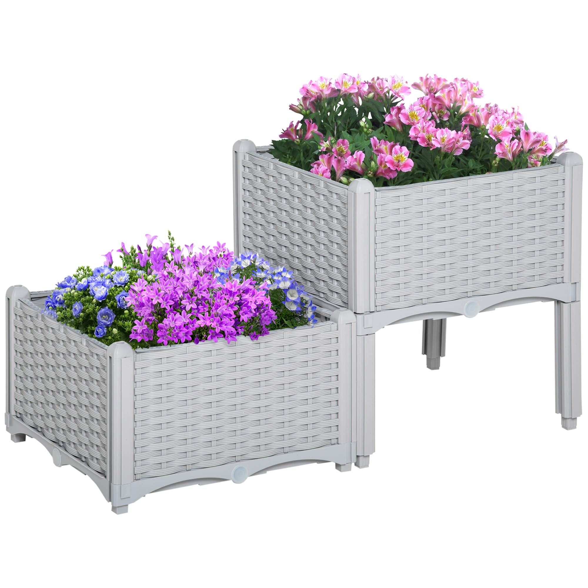 Outsunny 40cm x 40cm x 44cm Set of 2 Garden Raised Bed Elevated Patio Flower Plant Planter Box PP Vegetables Planting Container, Grey | Aosom UK
