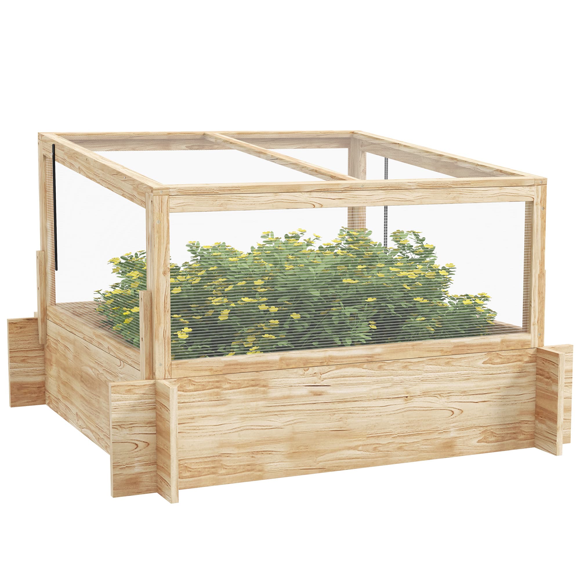 Outsunny Wooden Raised Garden Beds with Greenhouse, Planter Box with Openable Top for Veggies and Flowers, 63.5/55H x 98W x 98Dcm | Aosom UK