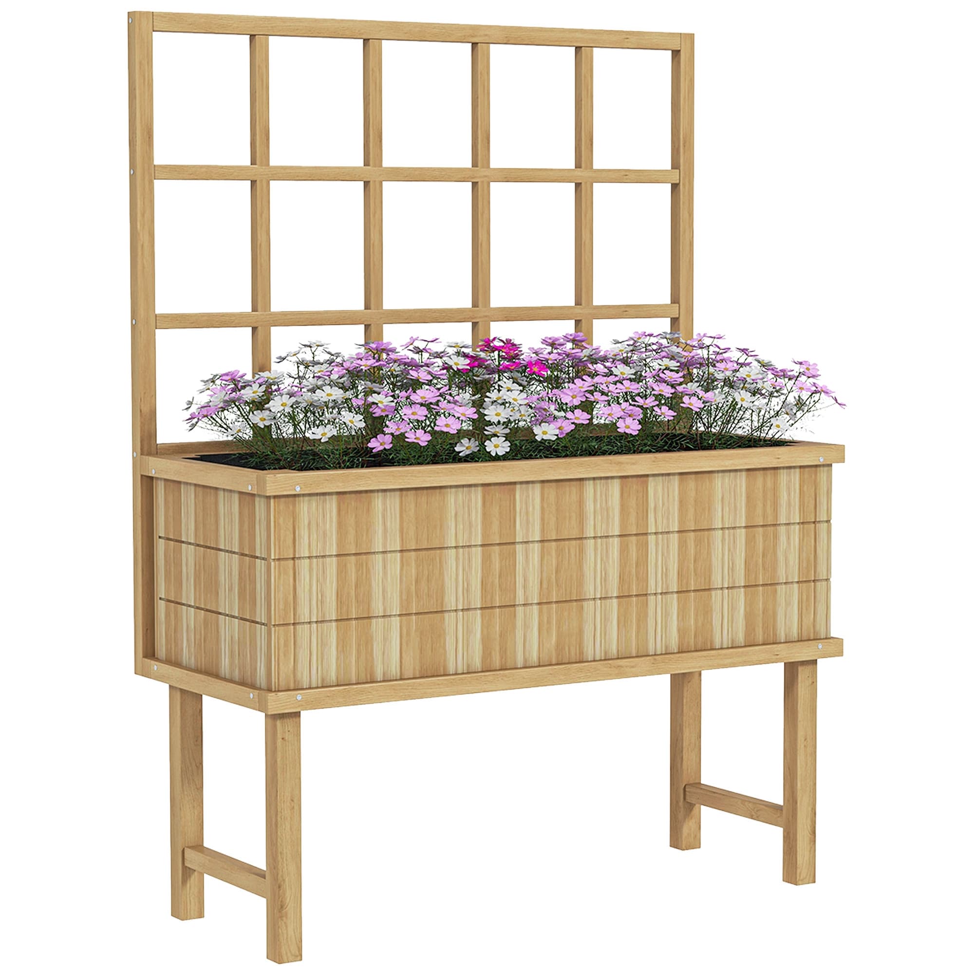 Outsunny Wooden Raised Planter with Trellis for Vine Climbing Plants, Elevated Garden Bed with Drainage Holes and Bed Liner | Aosom UK