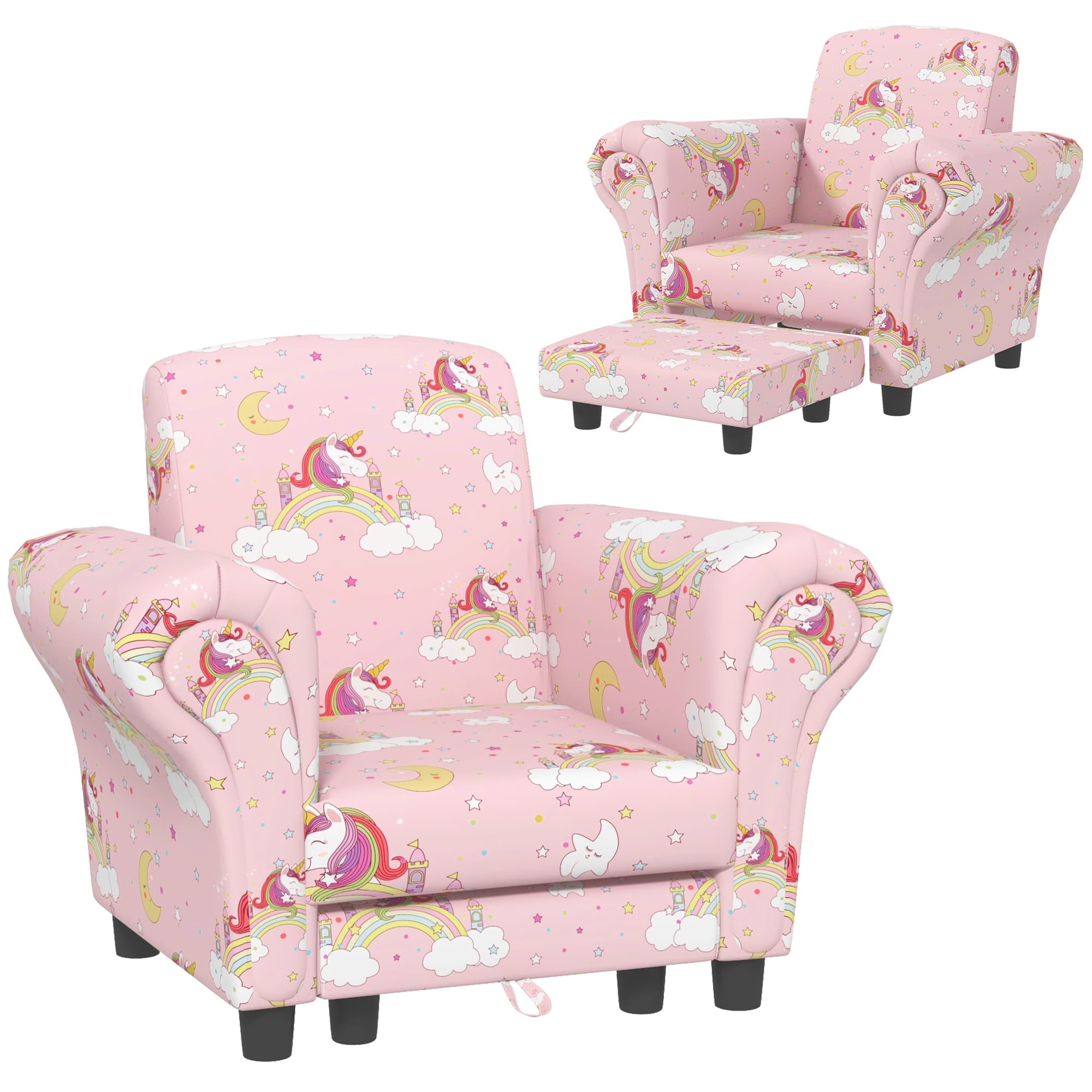 AIYAPLAY 2 Piece Kids Sofa Set with Unicorn Design, Wooden Frame, for 1.5-3 Years Old, Pink | Aosom UK