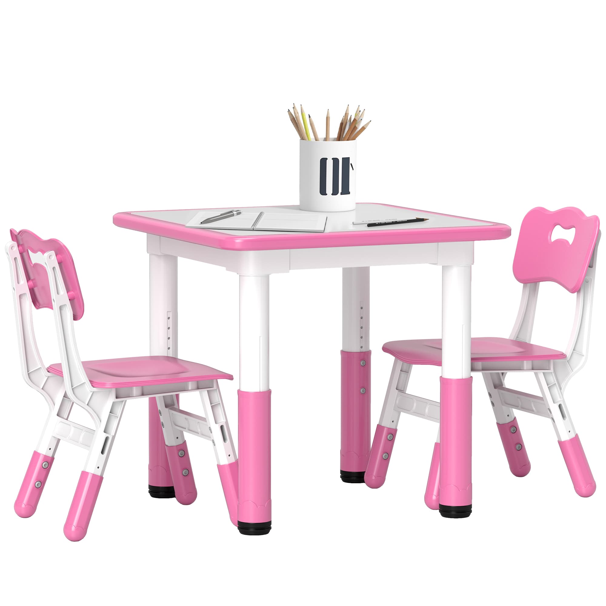 AIYAPLAY Height Adjustable Toddler Table and Chair Set, 3 Pcs Children Activity Table w/ 2 Chairs, for Playroom, Bedroom - Pink | Aosom UK