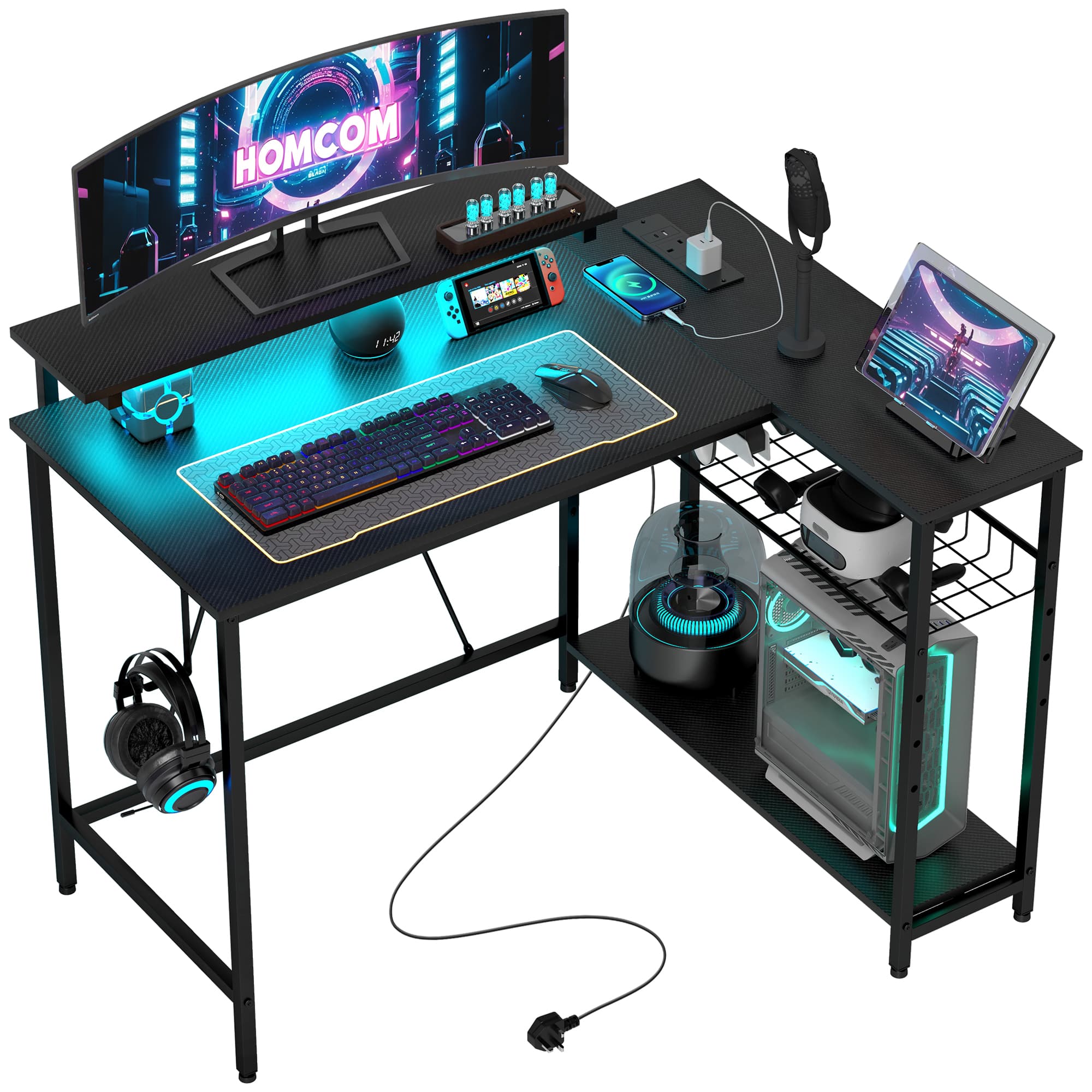 HOMCOM Reversible L Shape Gaming Desk with LED Light, Power Outlets, Multi-Storage, Black | Aosom UK