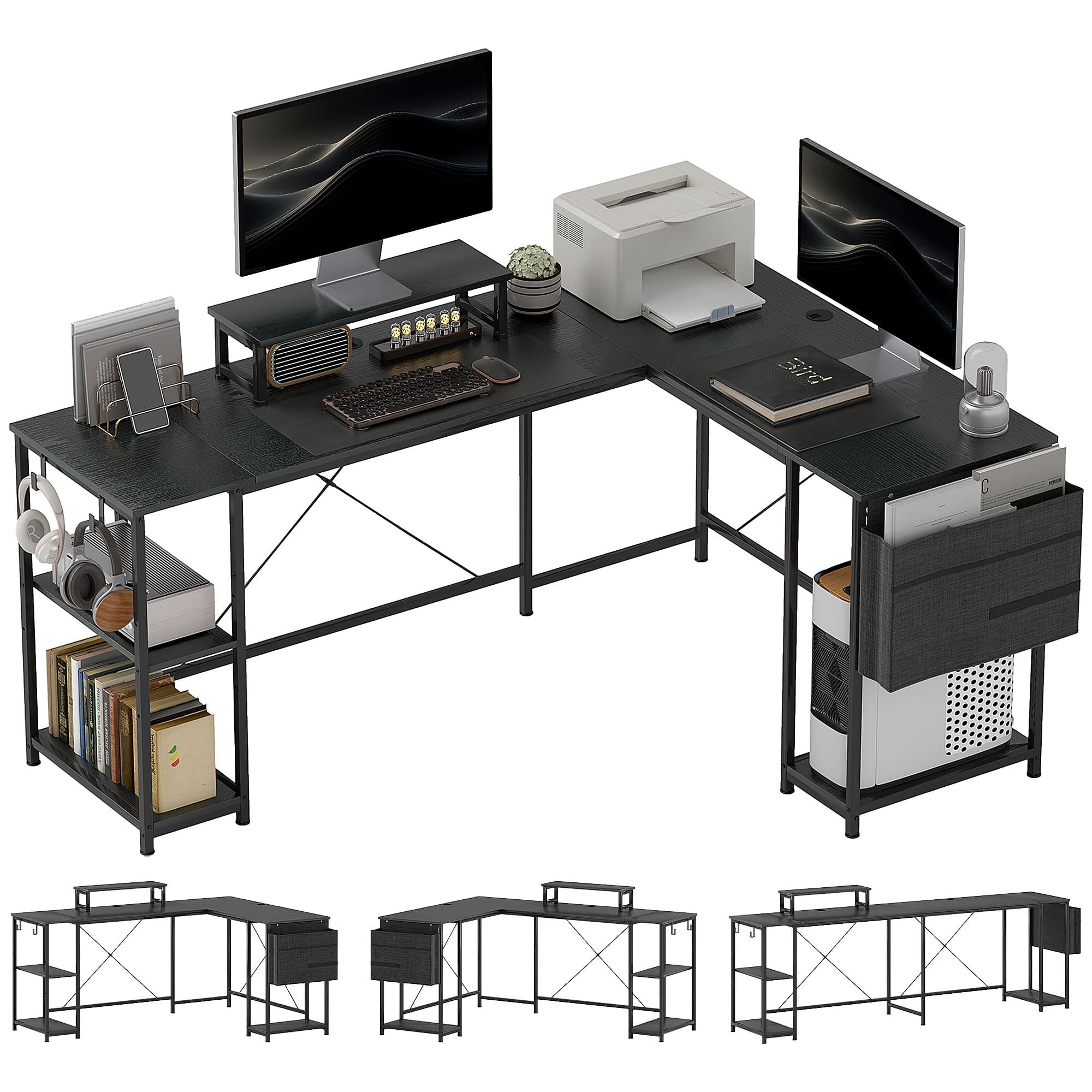 HOMCOM 168cm Reversible L Shaped Desk, Industrial Corner Computer Desk with Adjustable Shelf, Storage Bag, Monitor Stand, Black