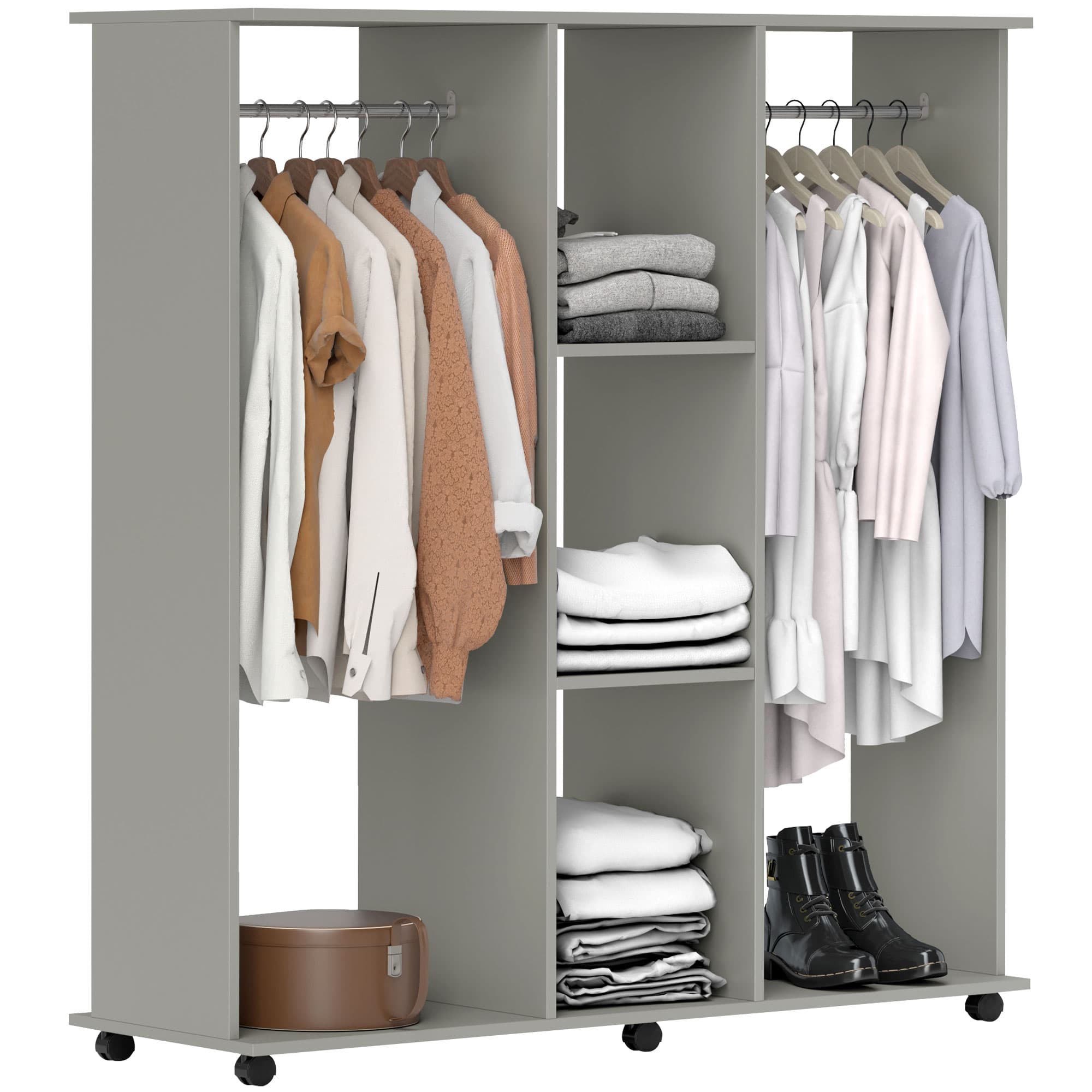 HOMCOM Double Open Wardrobe on Wheels, Bedroom Wardrobe with Clothes Hanging Rails, 3 Storage Shelves for Cloakroom, Hallway, Grey