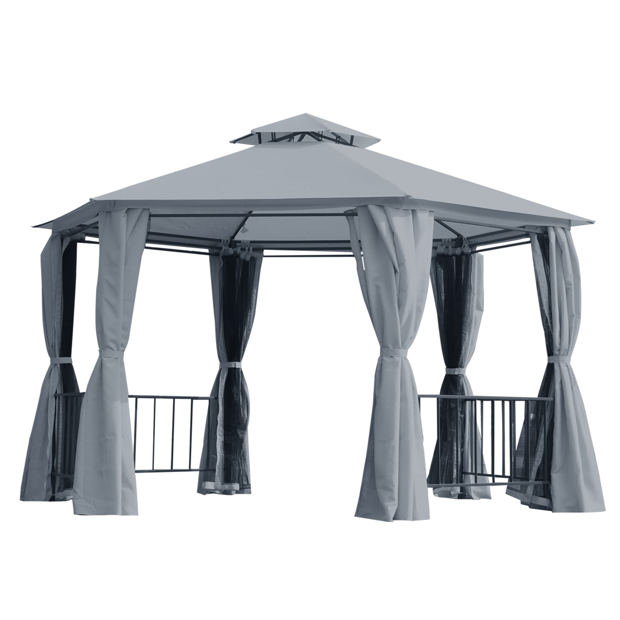 Outsunny Hexagonal Garden Gazebo Party Tent, Double-Tier Roof Patio Canopy Shelter with Netting Side Panels, Weatherproof, Grey | Aosom UK
