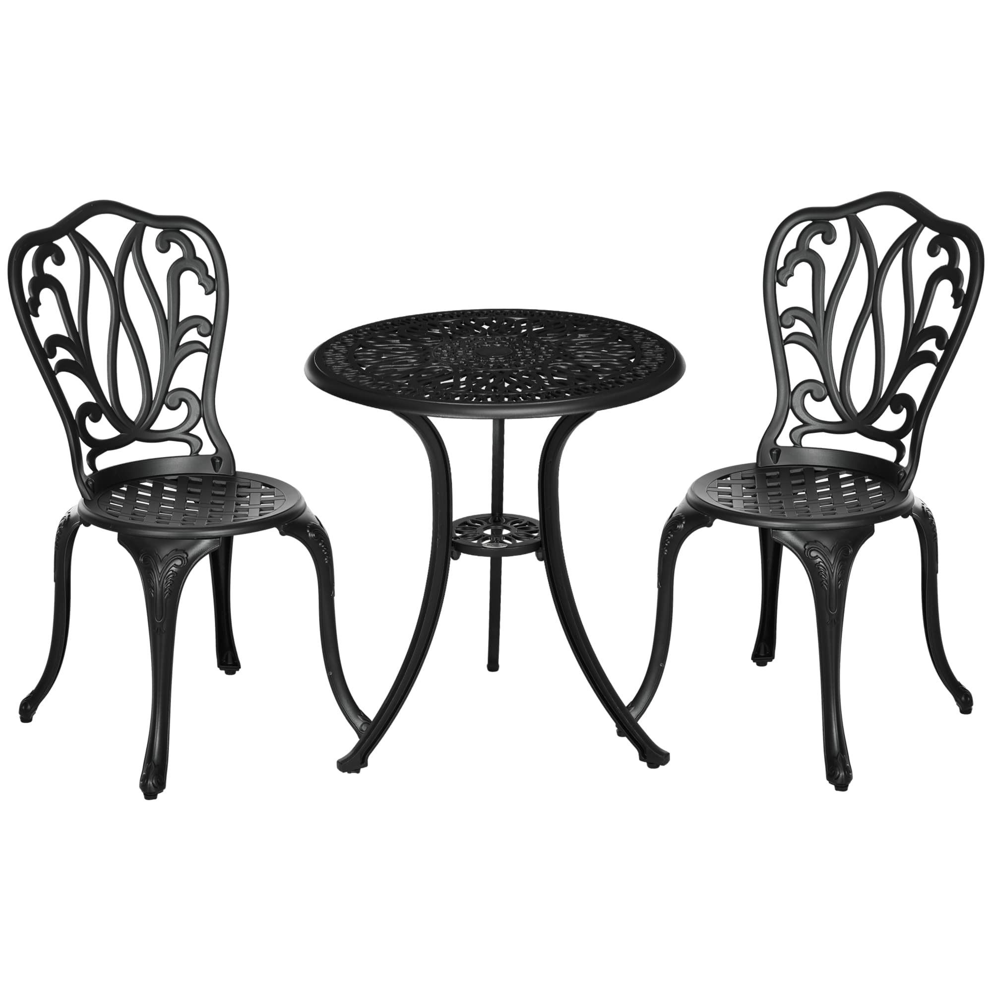 Outsunny 3 Pcs Bistro Set, Garden Table and Chairs Set With Parasol Hole, Black | Aosom UK