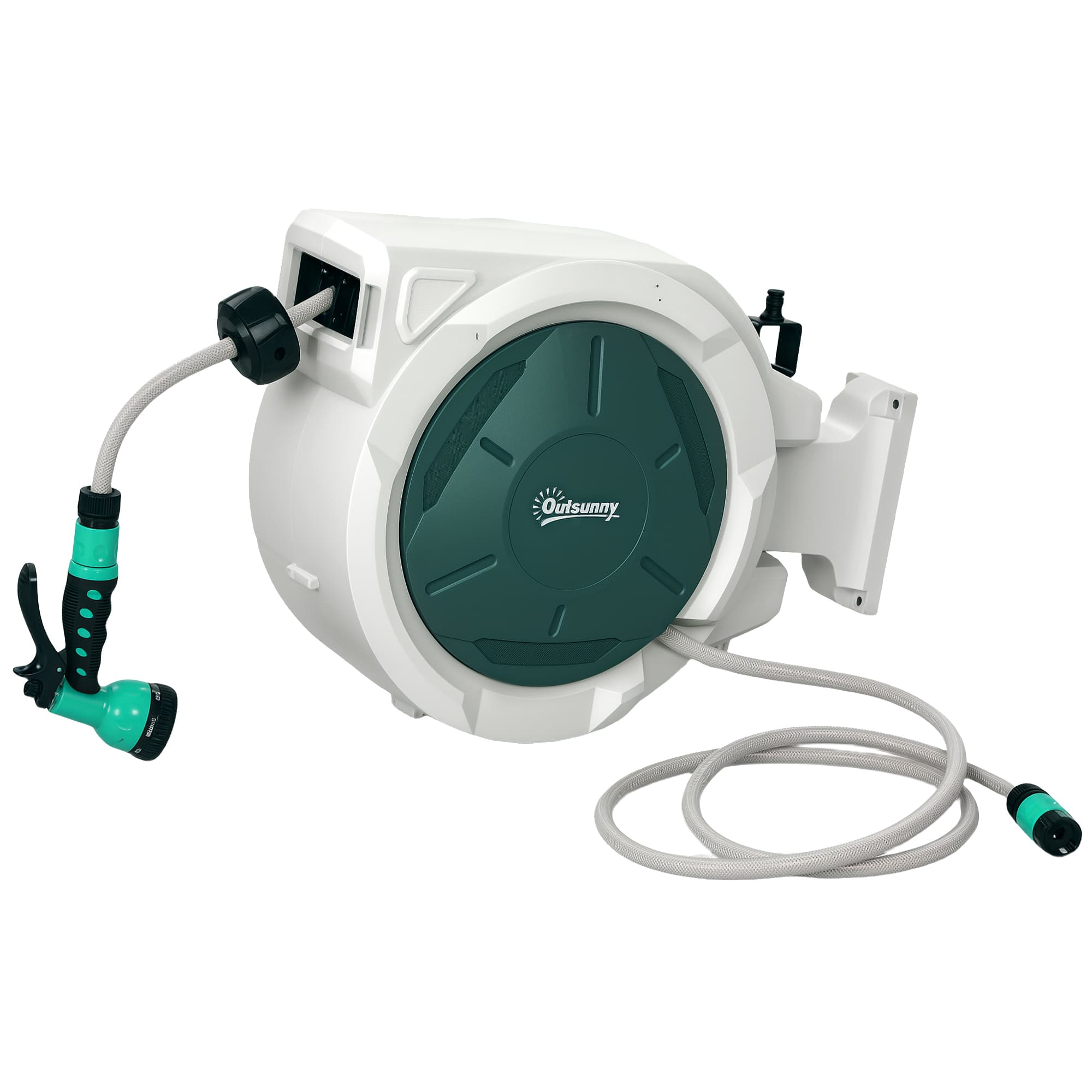 Outsunny Retractable Hose Reel Wall Mounted, 20+2m Garden Hose Pipe Reel with Lock, Auto Rewind, 7 in 1 Spray Nozzle, Green