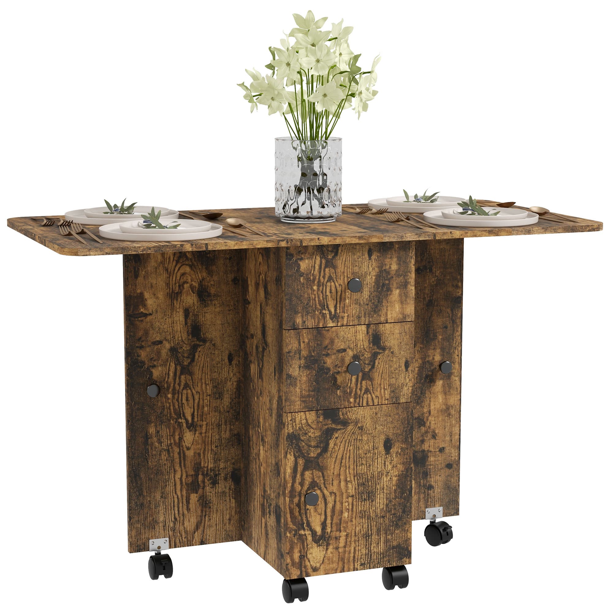 HOMCOM Multi-Storage Six-Person Drop Leaf Dining Table -  Rustic Brown | Aosom UK