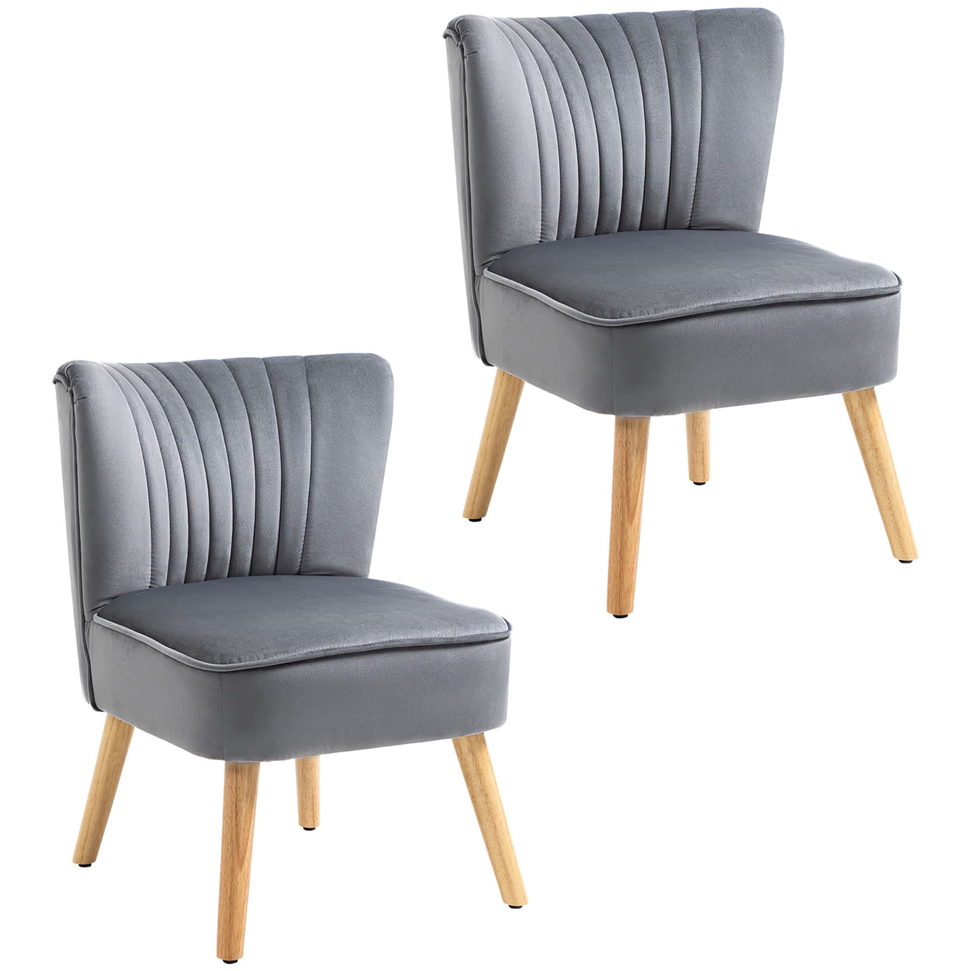 HOMCOM Velvet Armchair Duo: Tub-Style Accent Chairs with Padded Seat & Curved Back, Wooden Legs, Home Furniture, Grey