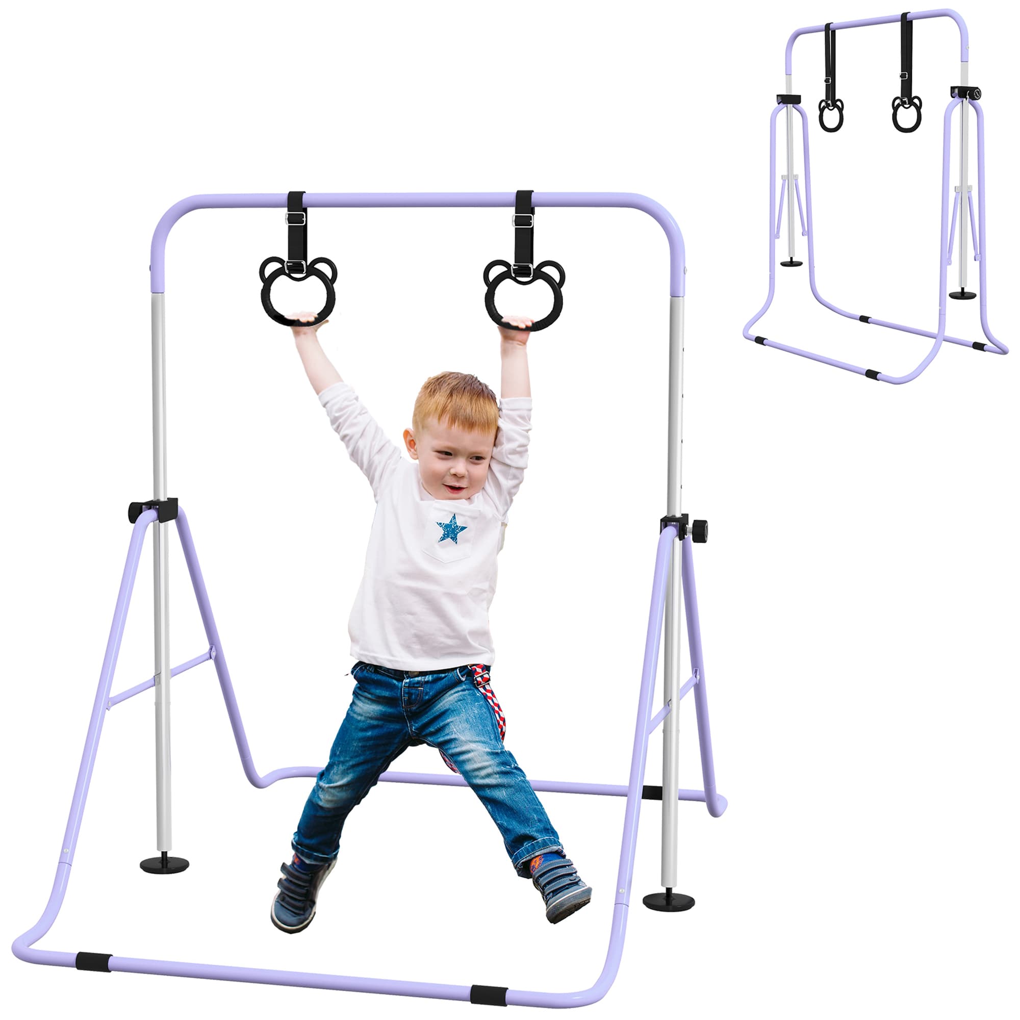 HOMCOM Adjustable Height, Foldable Kids Gymnastics Bar w/ Non-Slip Mats, for 3+ Years, Purple | Aosom UK