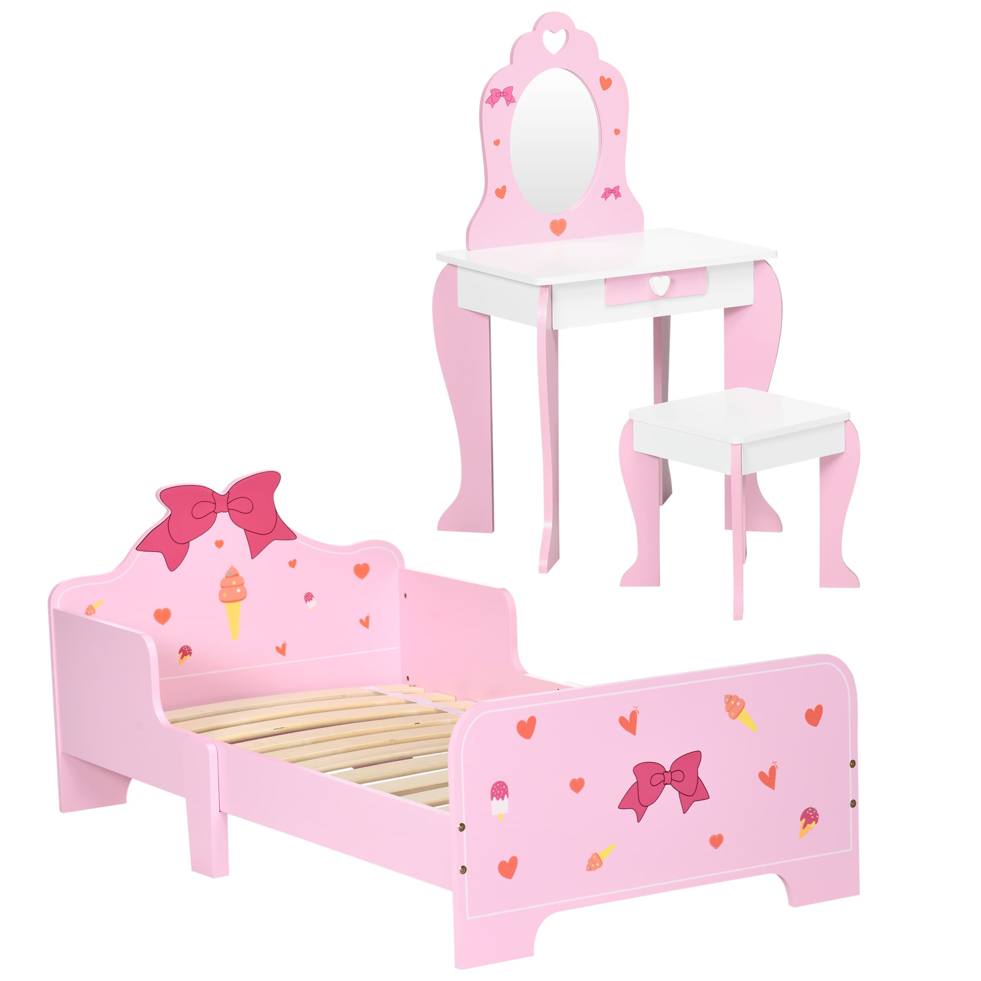 ZONEKIZ 3PCs Kids Bedroom Furniture Set with Bed, Dressing Table and Stool, Princess Themed, for 3-6 Years Old, Pink | Aosom UK