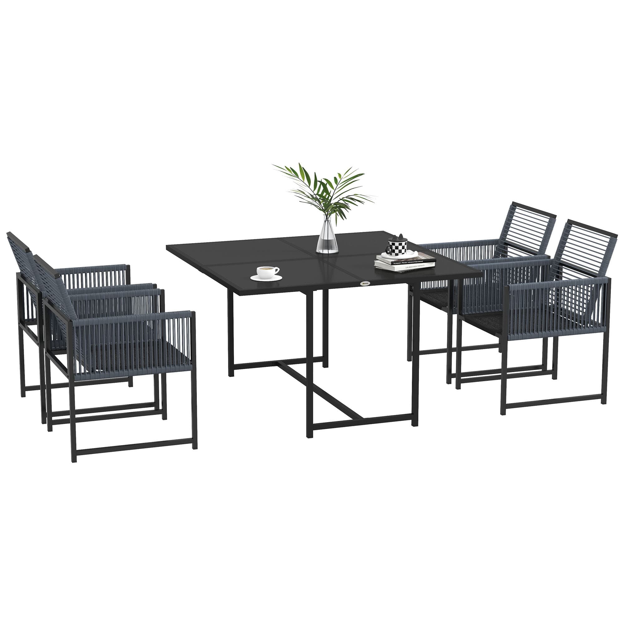Outsunny 5 Pieces Garden Dining Set, Patio Dining Set, 4 Seater Outdoor Table and Chairs w/ Foldable Backrest, Tempered Glass Top, Handwoven