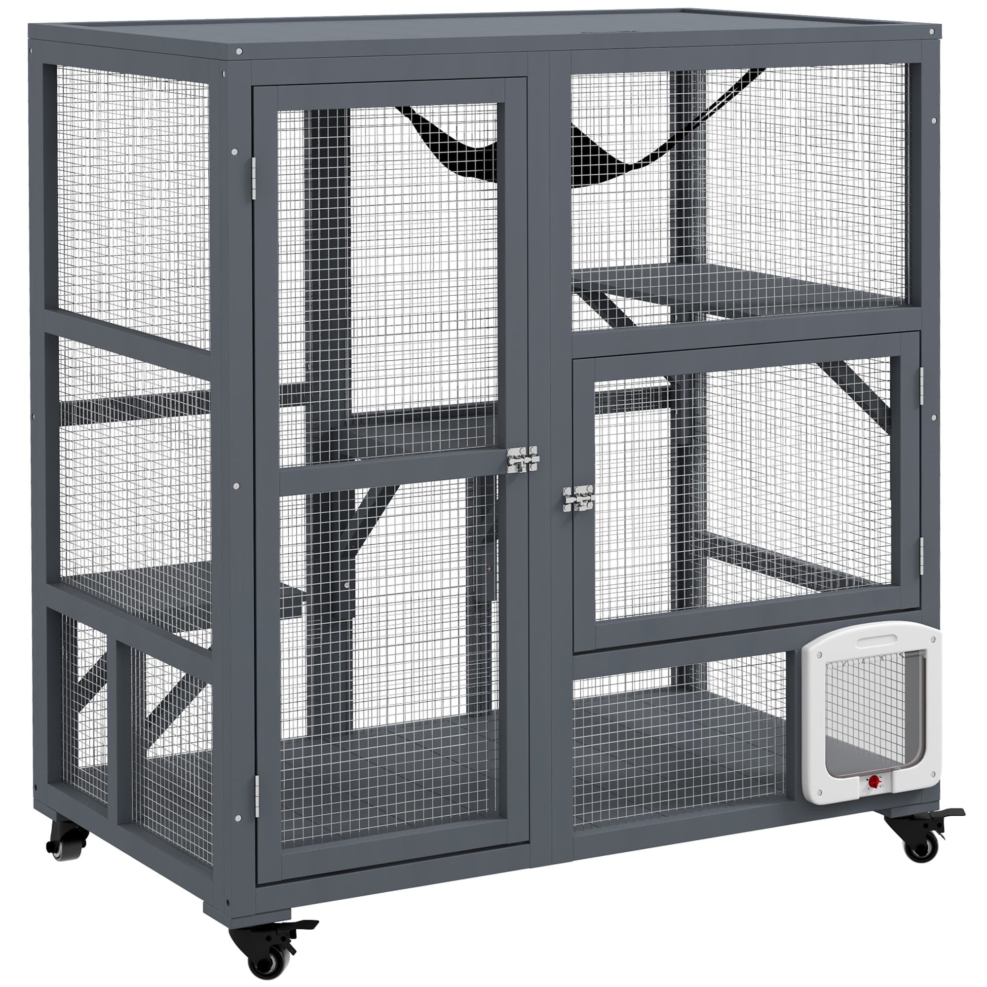 PawHut Cat Cage House, Catio Cat Outdoor Enclosure on Wheels, Weather-Resistant Wooden Kitty Cage with Platforms, Hammock, Light Grey | Aosom UK