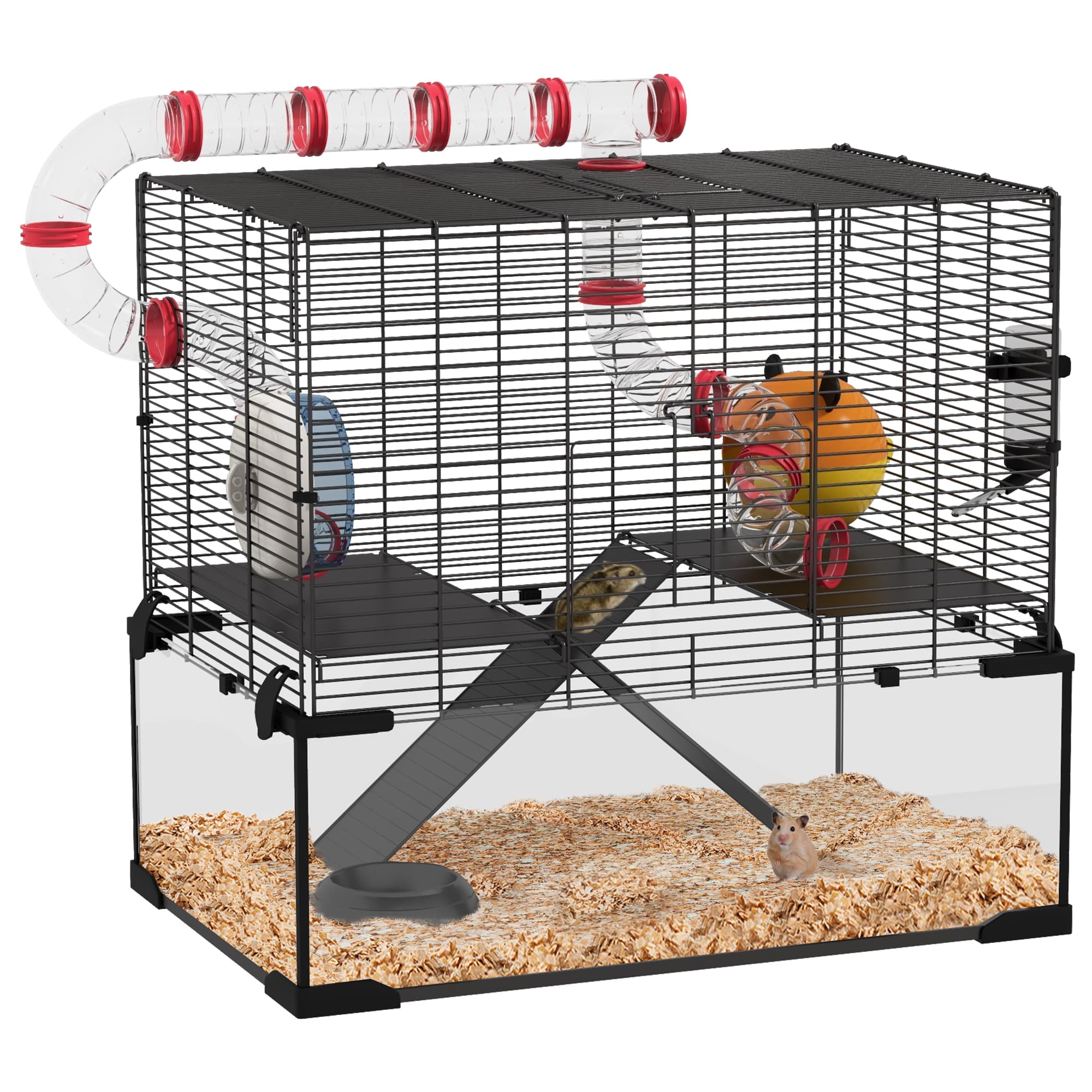 PawHut Gerbil Cage Dwarf Hamster Cage, with Deep Glass Bottom, Tunnels, Hut, Exercise Wheel, 60 x 40 x 57cm | Aosom UK