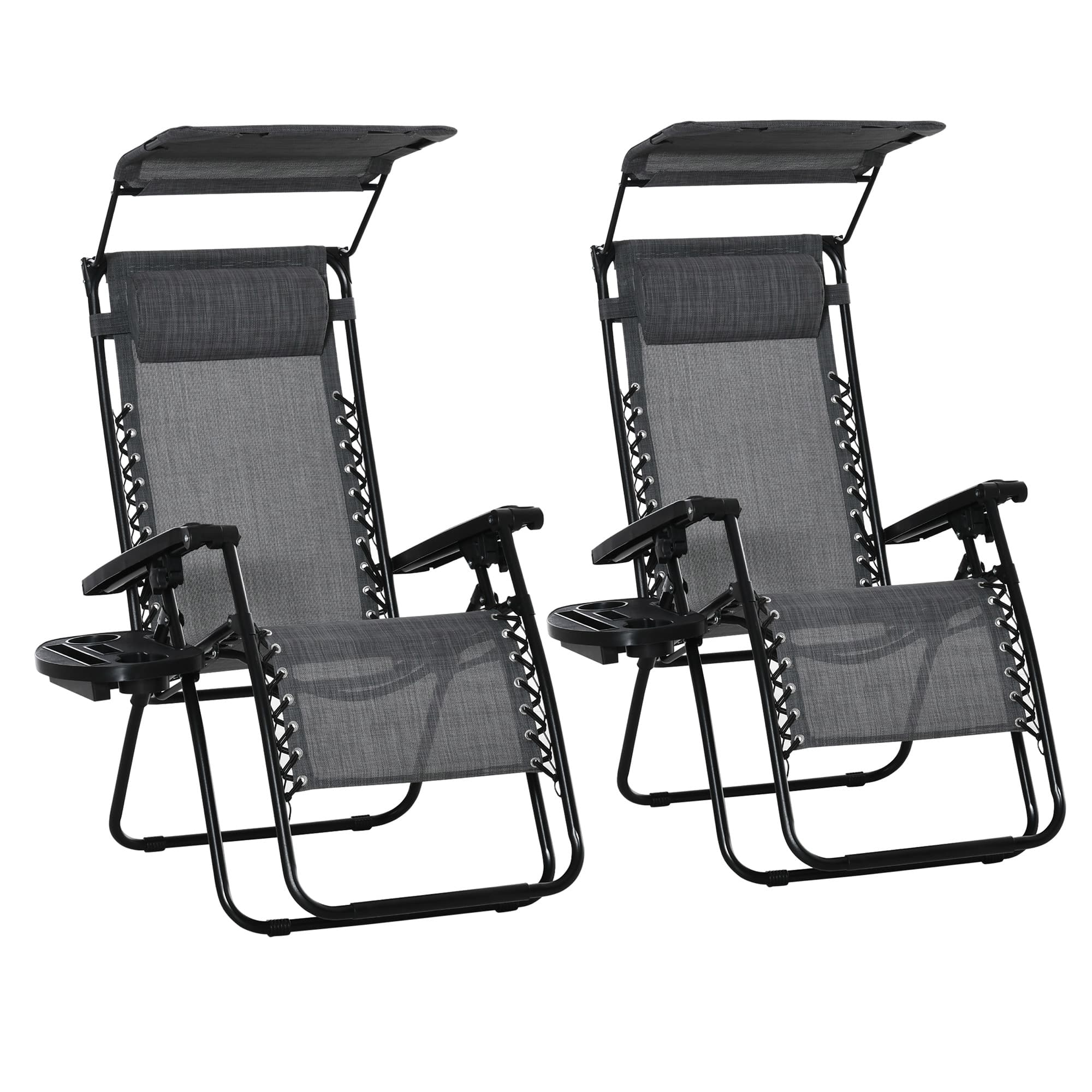 Outsunny 2 Piece Foldable Reclining Garden Chair with Headrest, Zero Gravity Deck Sun Lounger Seat Chair with Canopy Shade, Light Grey