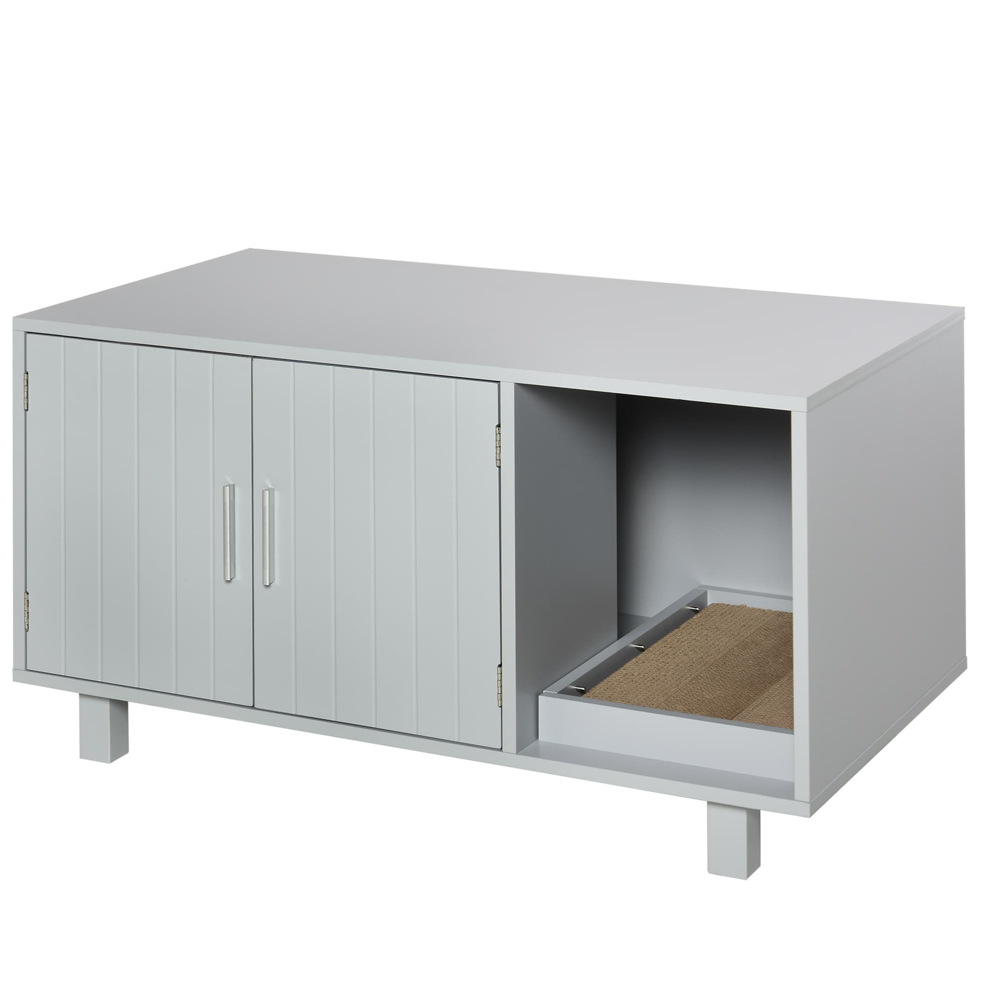 PawHut Cat Litter Box Enclosure, Wooden, Nightstand/End Table Design, with Scratcher, Magnetic Doors, Grey | Aosom UK