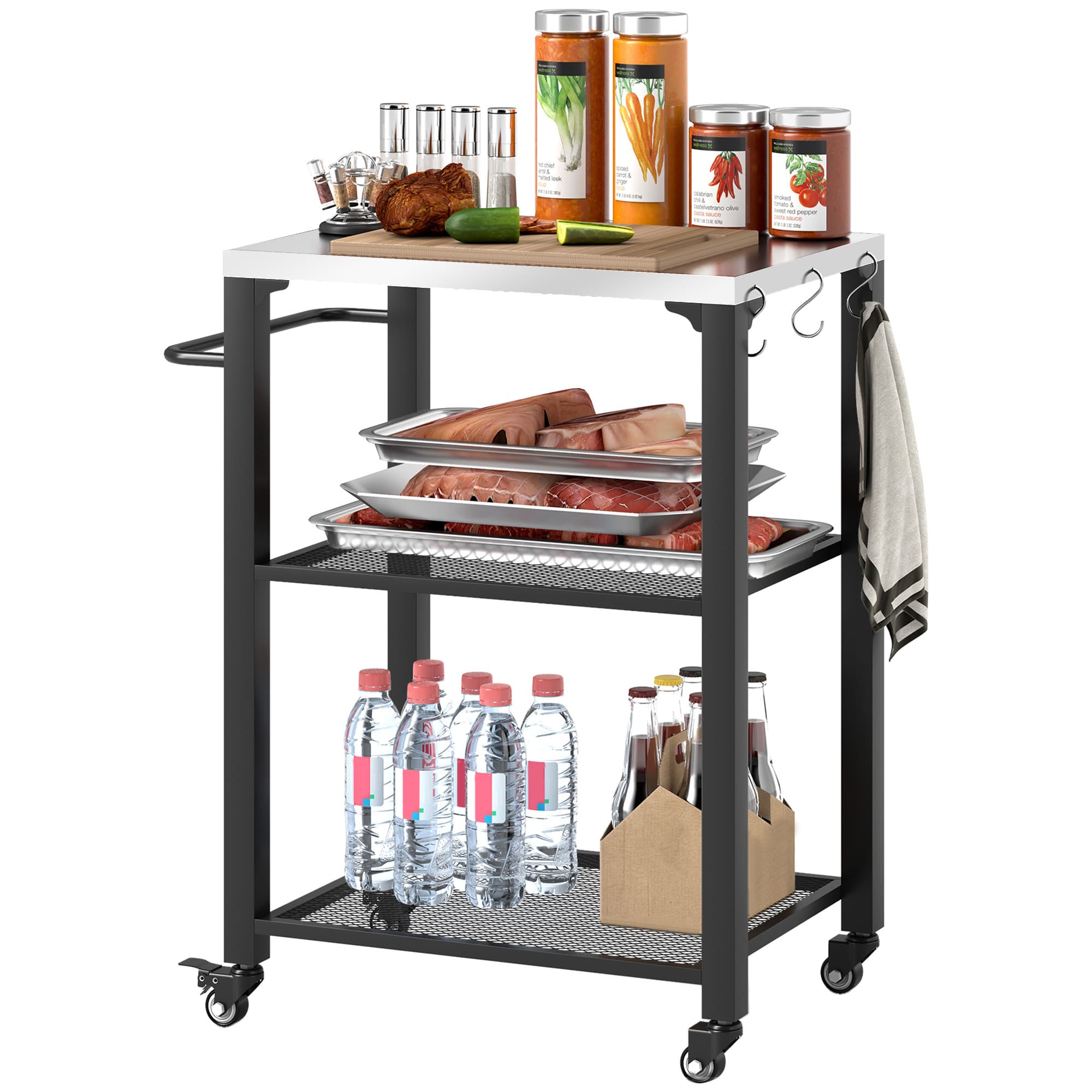 Outsunny Three-Shelf Outdoor Grill Cart with Stainless Steel Top, Outdoor Kitchen Island with Wheels, 3 Hooks for Kitchen, Garden, 65.5 x 41 x 79cm