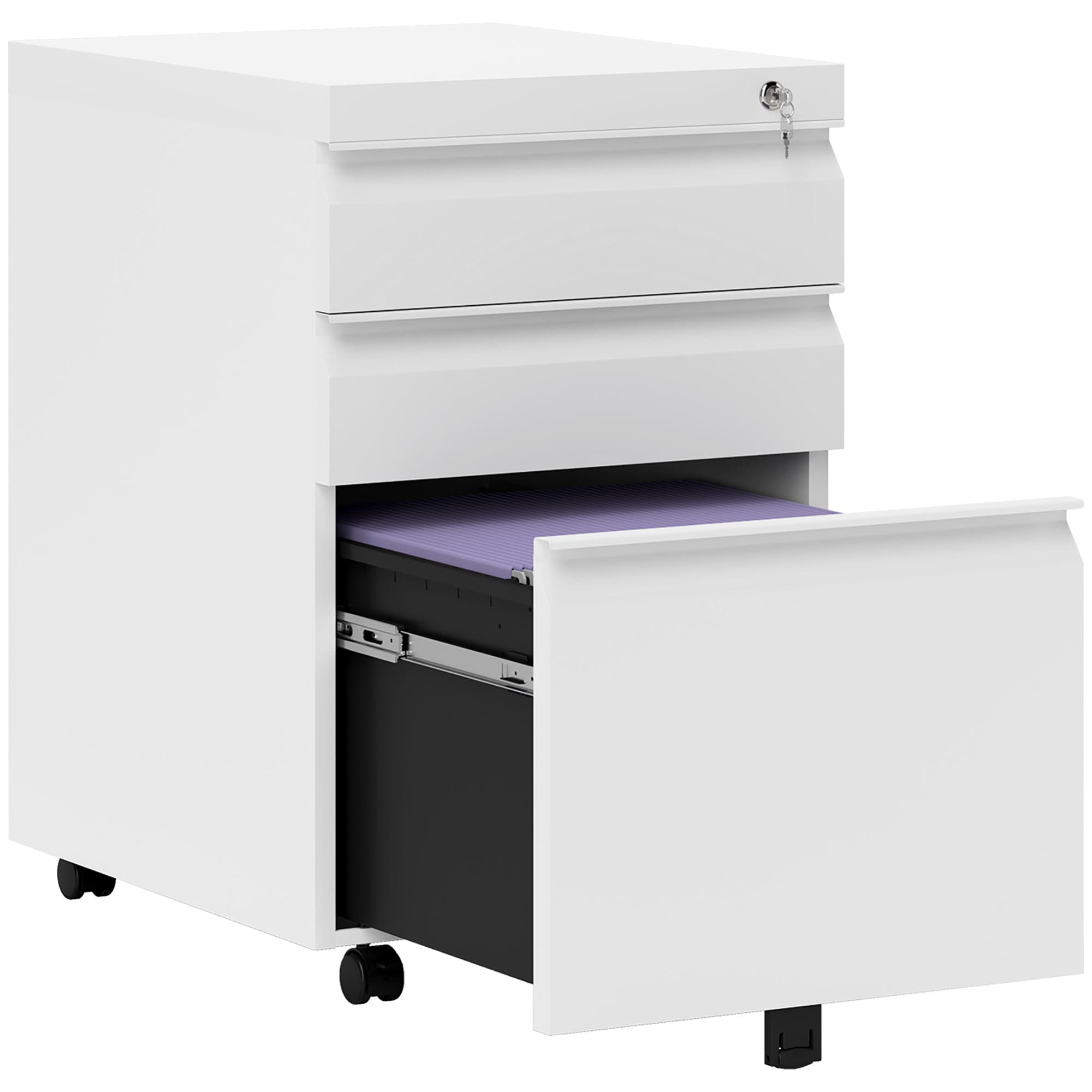 Vinsetto Wooden Cabinet Lockable File Cabinet Mobile Cabinet with 3 Drawers, Storage for Office Equipment, 60H x 39W x 48Dcm, White | Aosom UK