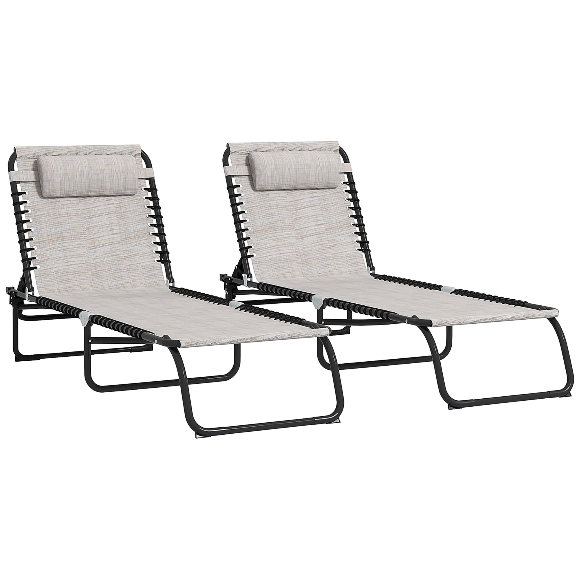 Outsunny 2 Piece Folding Sun Lounger Set, Beach Chaise Chair, 4 Position Adjustable, Garden Cot Camping Recliner, Cream White | Aosom UK