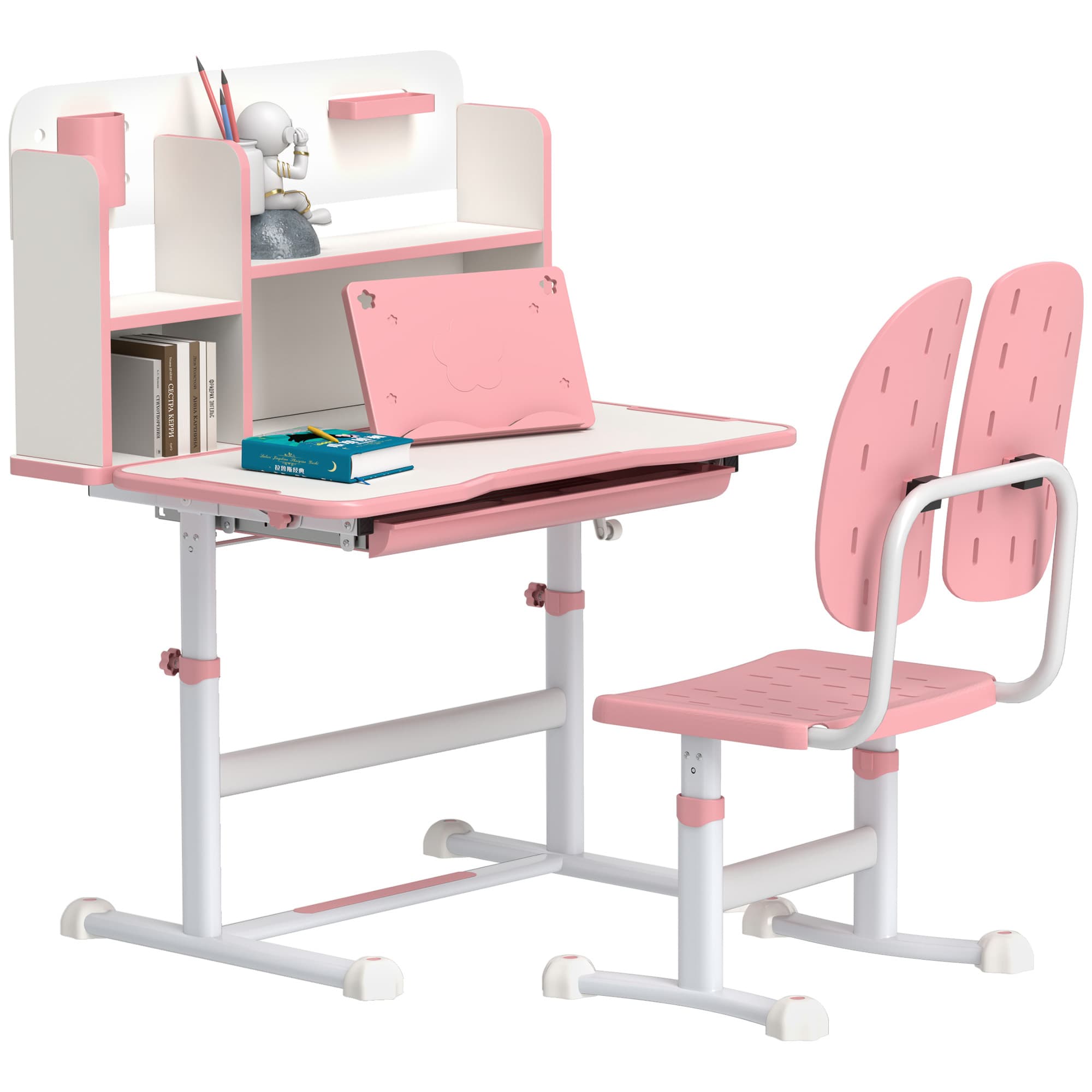 AIYAPLAY Height Adjustable Kids Desk and Chair Set, Children School Study Desk with Tiltable Desktop, Reading Rack, Pink | Aosom UK