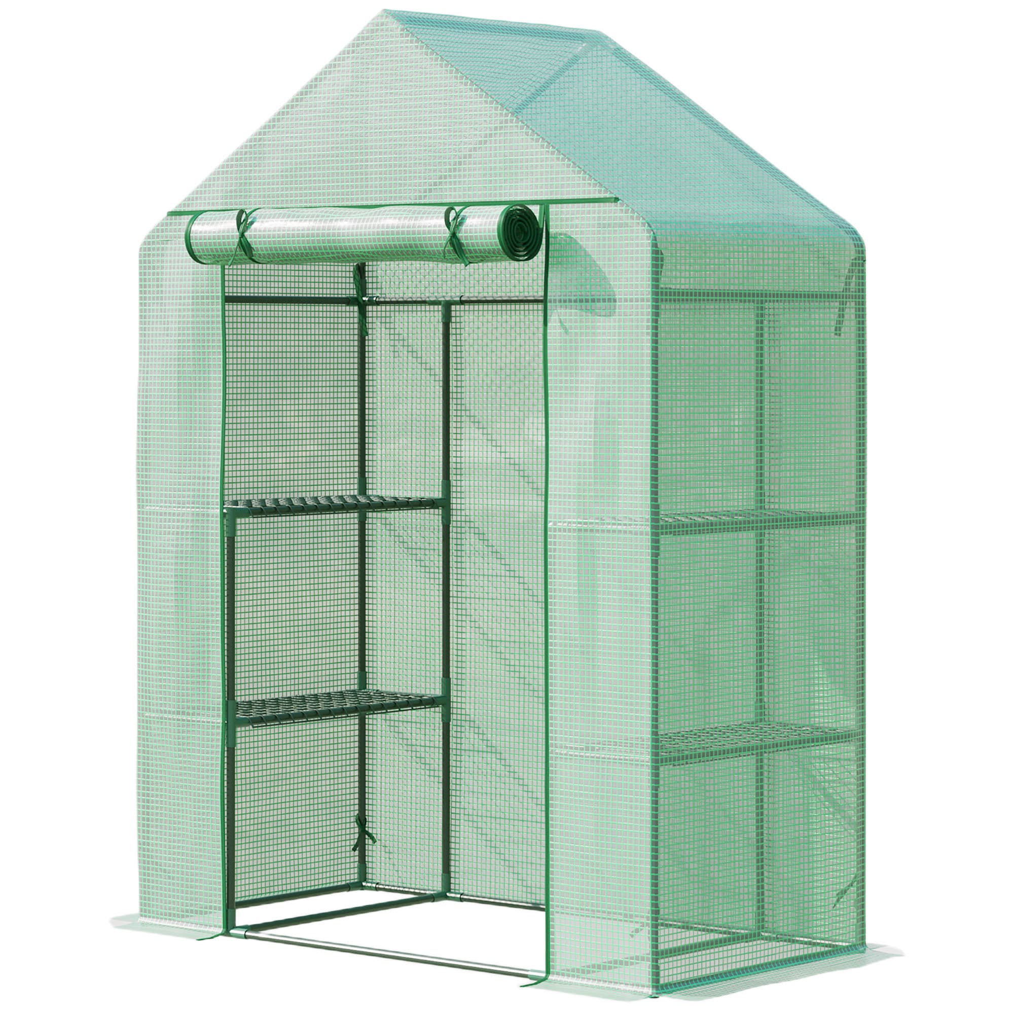 Outsunny 141 x 72 x 191cm Portable Greenhouse, Walk-In Greenhouse with 2 Tier Shelf, Roll-Up Zippered Door and PE Cover | Aosom UK