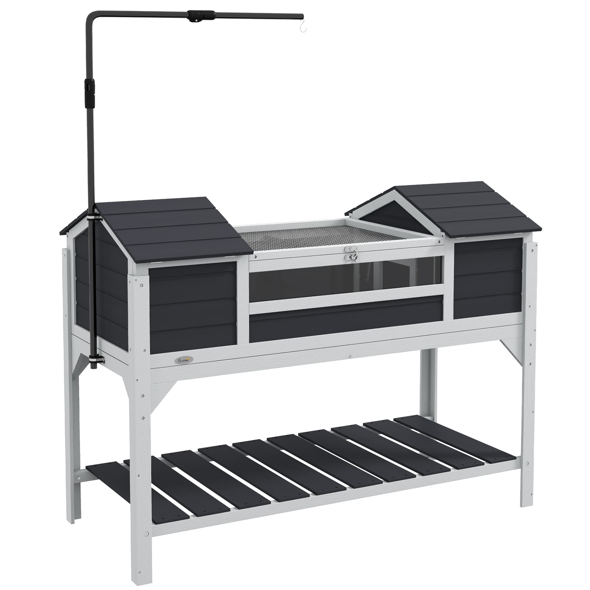 PawHut Wooden Tortoise Enclosure with Adjustable Lamp Holder, Openable Lid, Dual Main Houses, Storage Shelf, Fixed Tray - Grey | Aosom UK