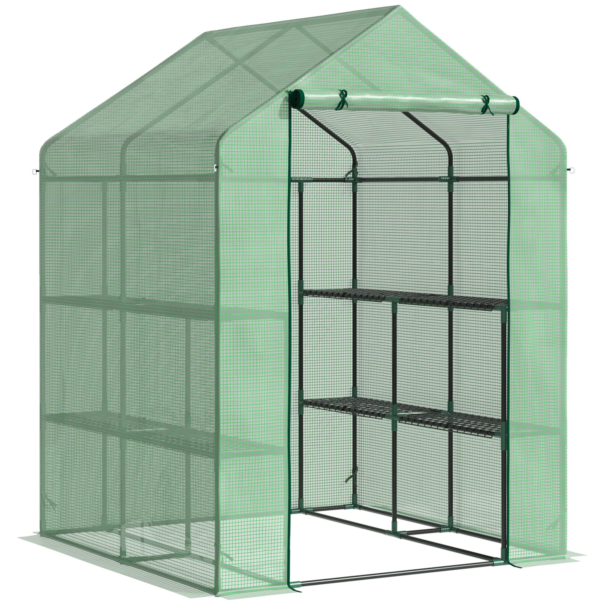 Outsunny Garden Greenhouse, Lean-to Greenhouse with Shelving, Removable Cover Steeple Polytunnel for Nurturing Plants, Verdant | Aosom UK