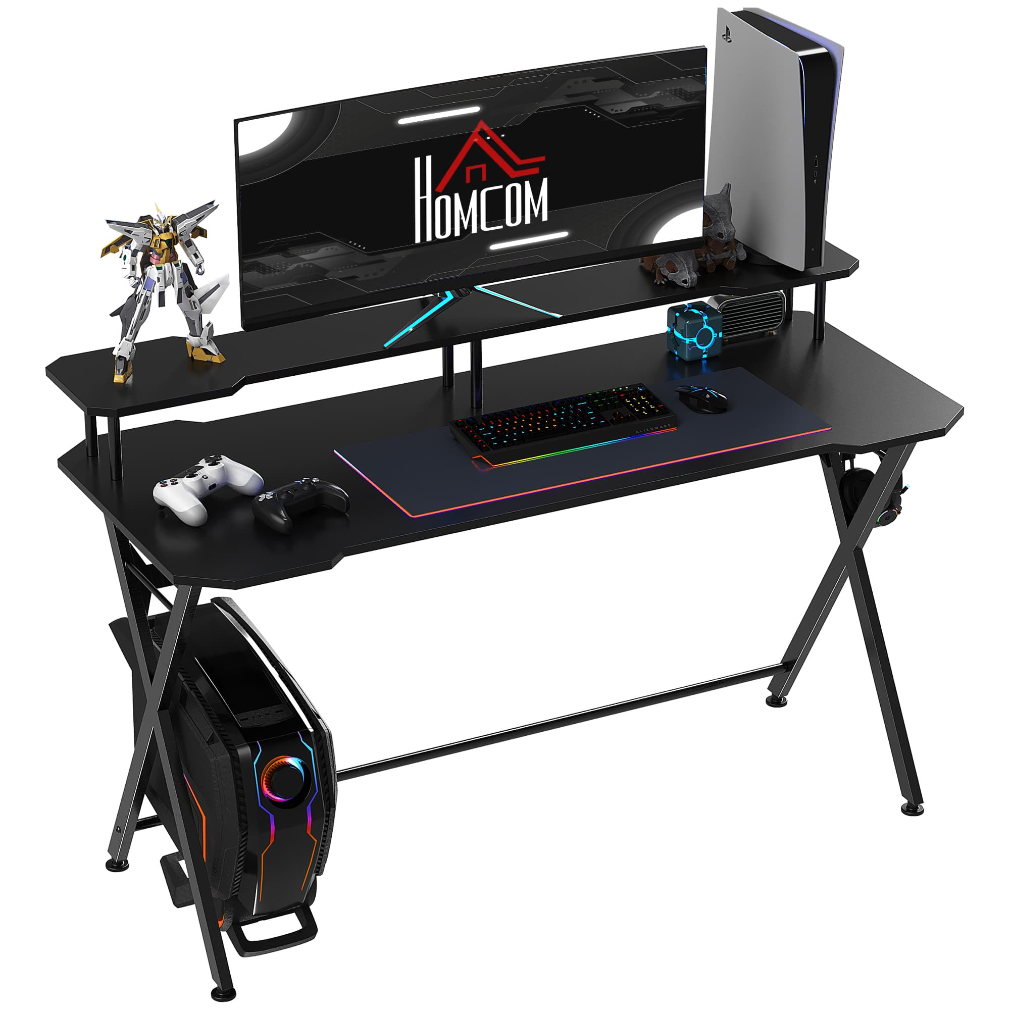 HOMCOM Gaming Computer Desk, Racing Table Workstation, Headphone Hook, Curved Front, Adjustable Feet, for Home Office Use, Black. | Aosom UK