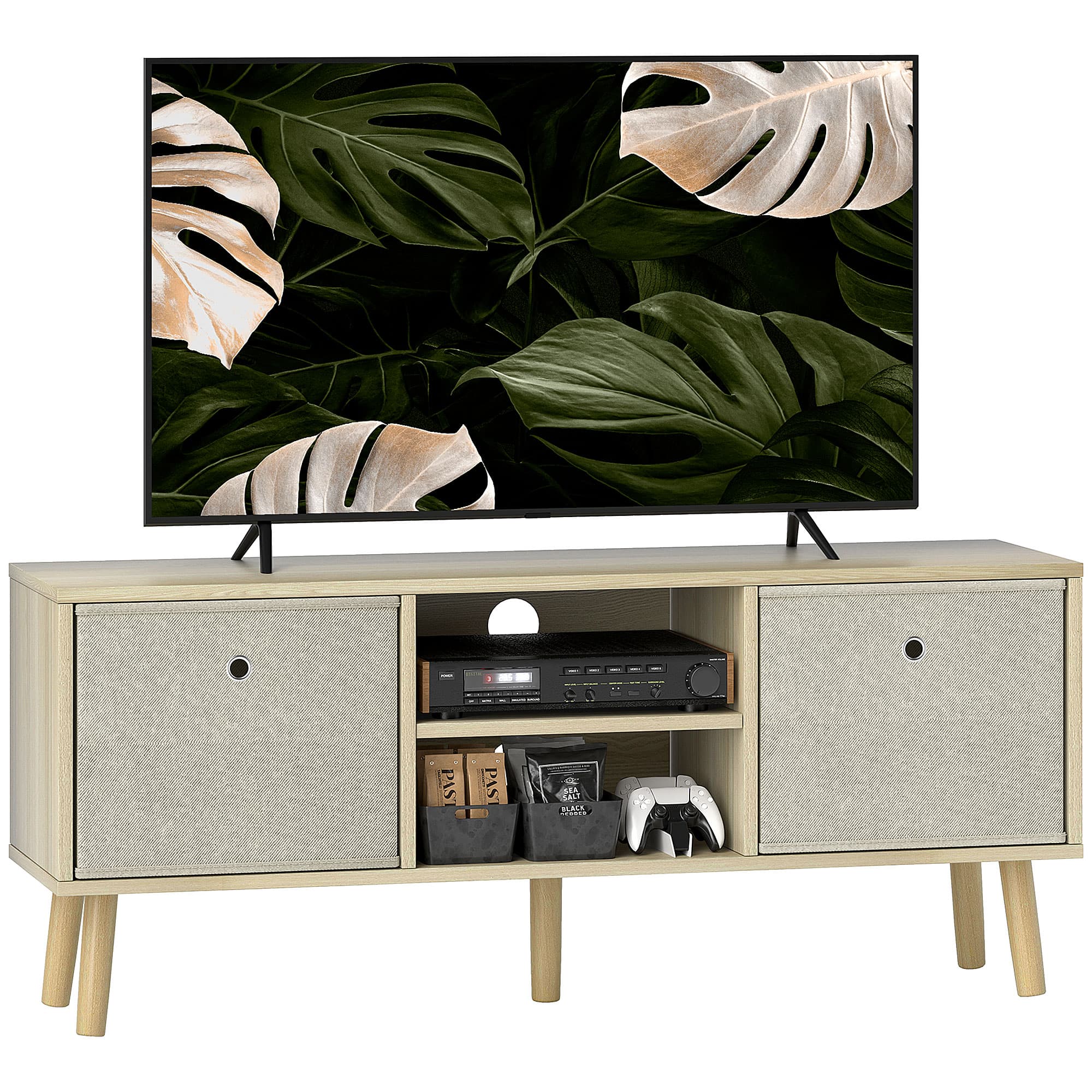 HOMCOM TV Cabinet Stand Unit for TVs up to 50'' with Foldable Drawers, Entertainment Centre for Living Room Natural | Aosom UK