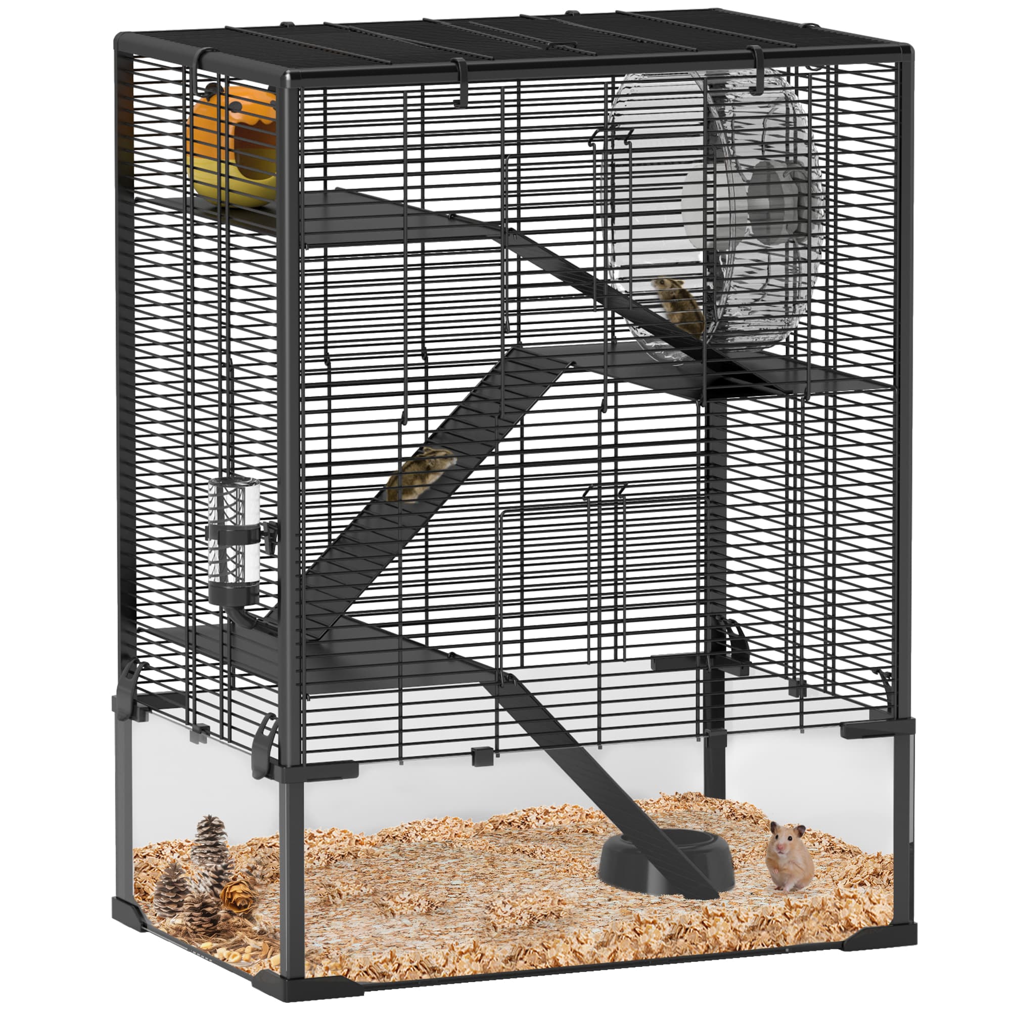 PawHut 4 Tiers Hamster Cage with Deep Tempered Glass Bottom, Hut, Running Wheel, Food Dish, Water Bottle, 60 x 40 x 80cm | Aosom UK