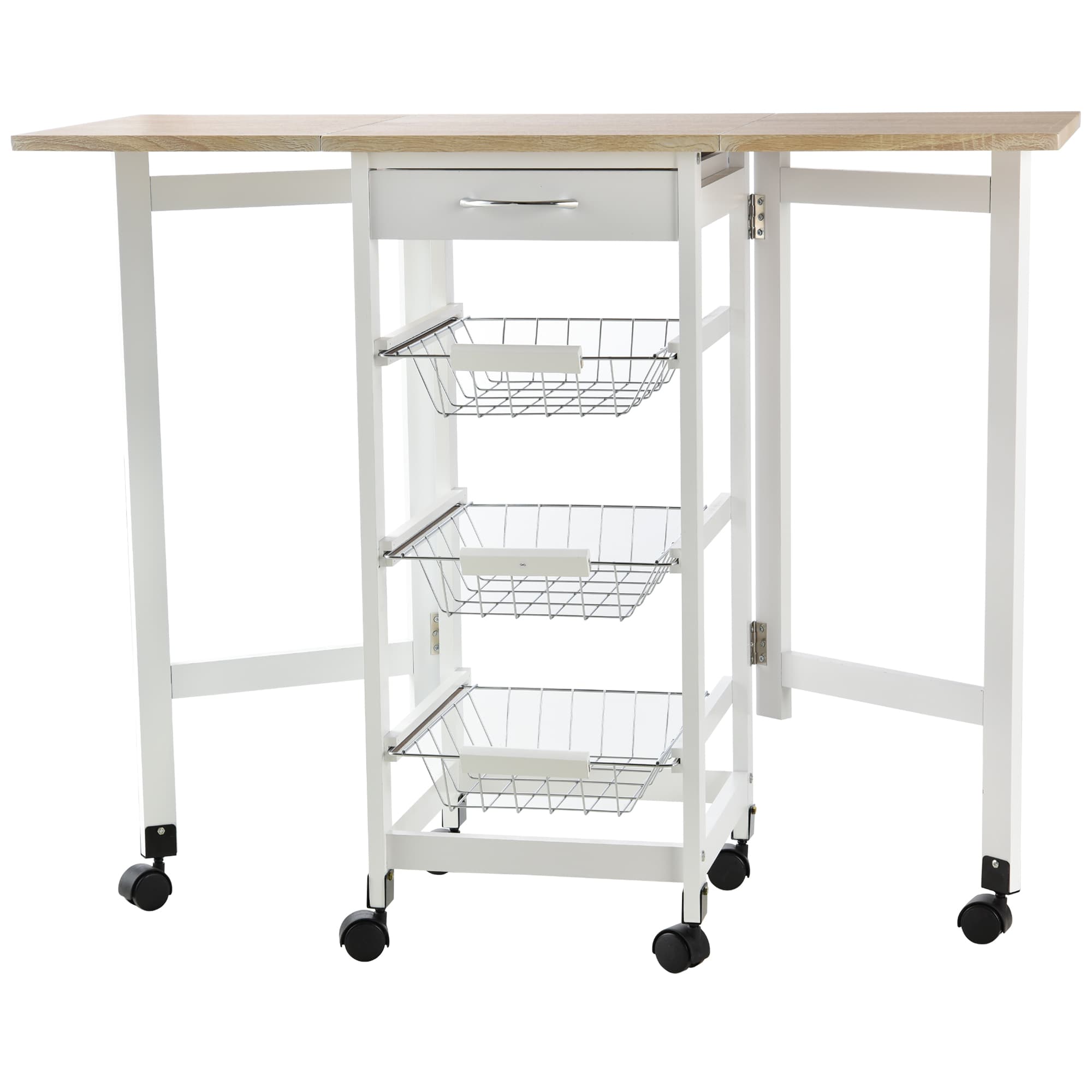 HOMCOM Drop-Leaf Kitchen Trolley w/ 3 Baskets Drawer Surface Top 6 Wheels Rolling Storage Unit Kitchen Home Dining Cart White Oak Tone | Aosom UK