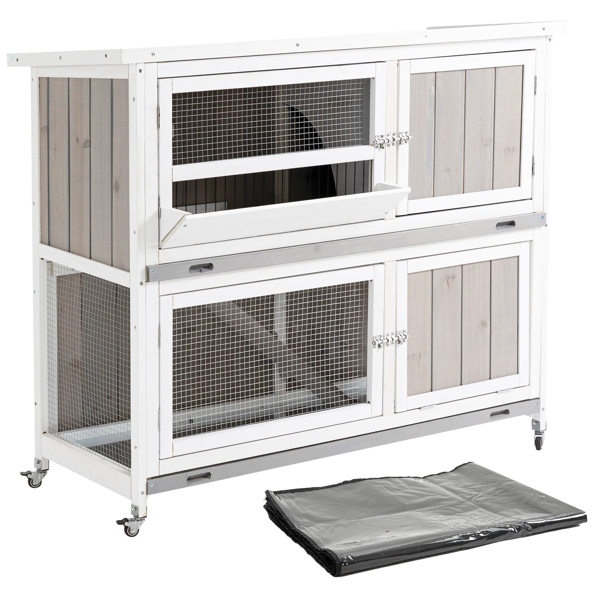PawHut Wooden Rabbit Hutch Two-Tier Guinea Pig Cage Elevated Multi-Door Pet House Bunny Cage w/ Rain Cover, Wheels, Slide-Out Tray, Grey | Aosom UK
