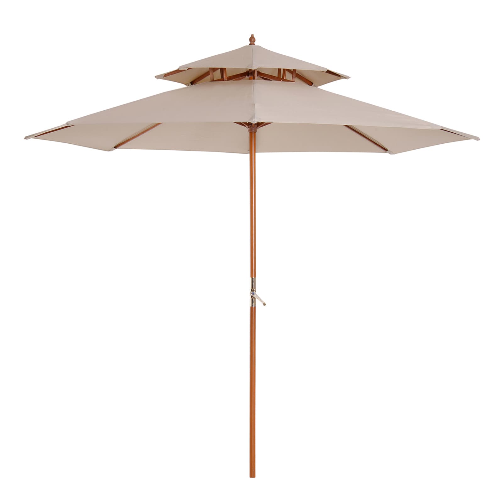 Outsunny 2.7m Double Canopy Garden Parasol, UV-Shielding Sun Parasol with Wooden Frame, 8 Bamboo Ribs, Waterproof Parasol, Beige | Aosom UK