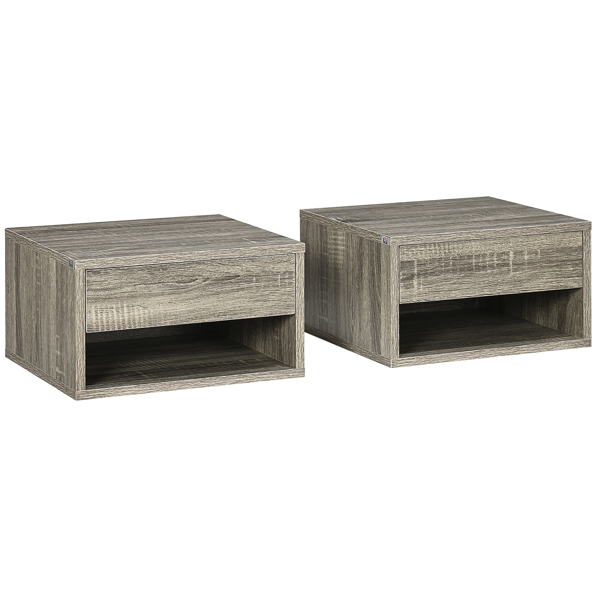 HOMCOM Set of Two Floating Bedside Tables Wall Mounted Nightstands with Drawer and Shelf for Bedroom, Brown Wood-Effect | Aosom UK