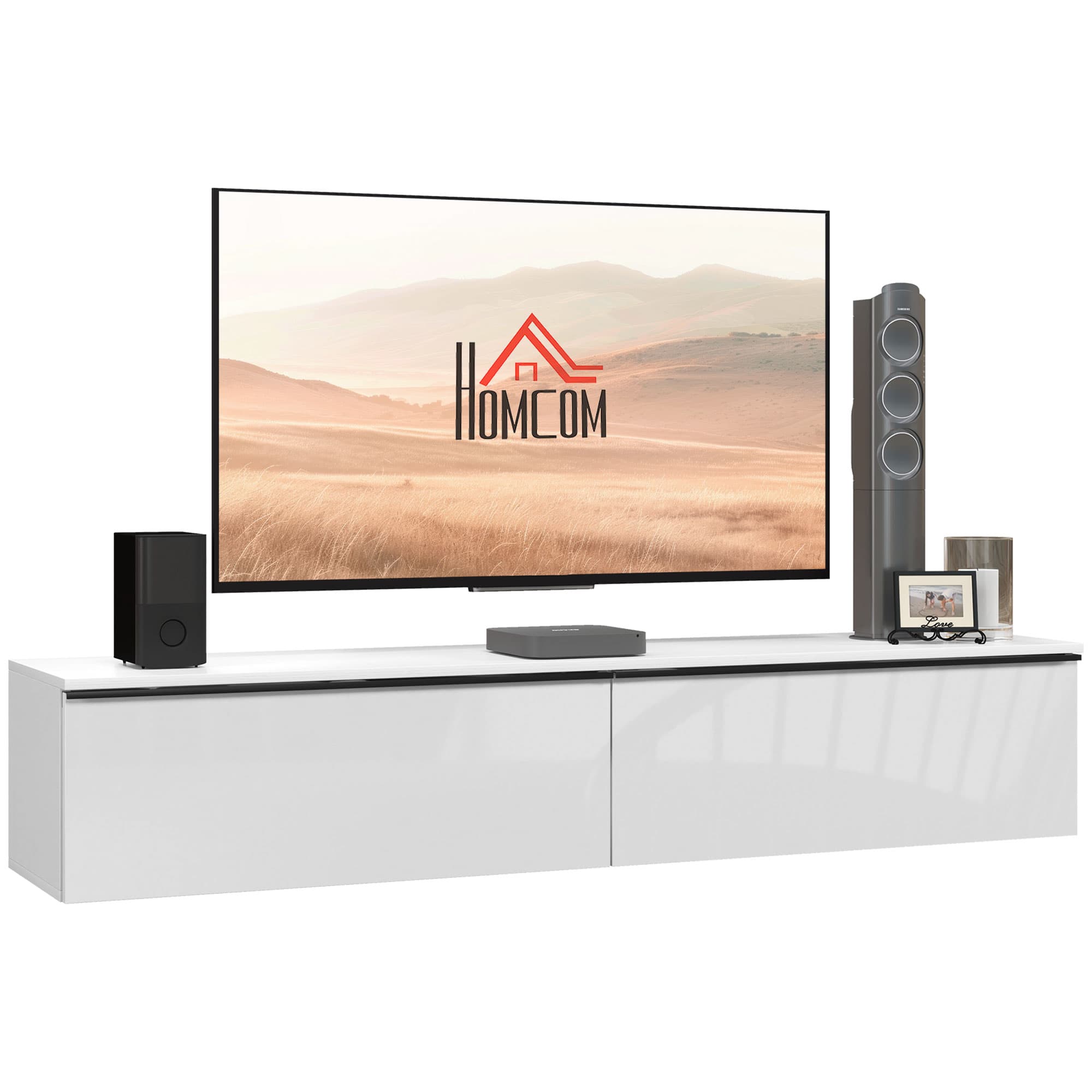 HOMCOM 160cm High Gloss Floating TV Unit Stand for TVs up to 70", Wall Mounted TV Cabinet with Storage Cupboards, White | Aosom UK