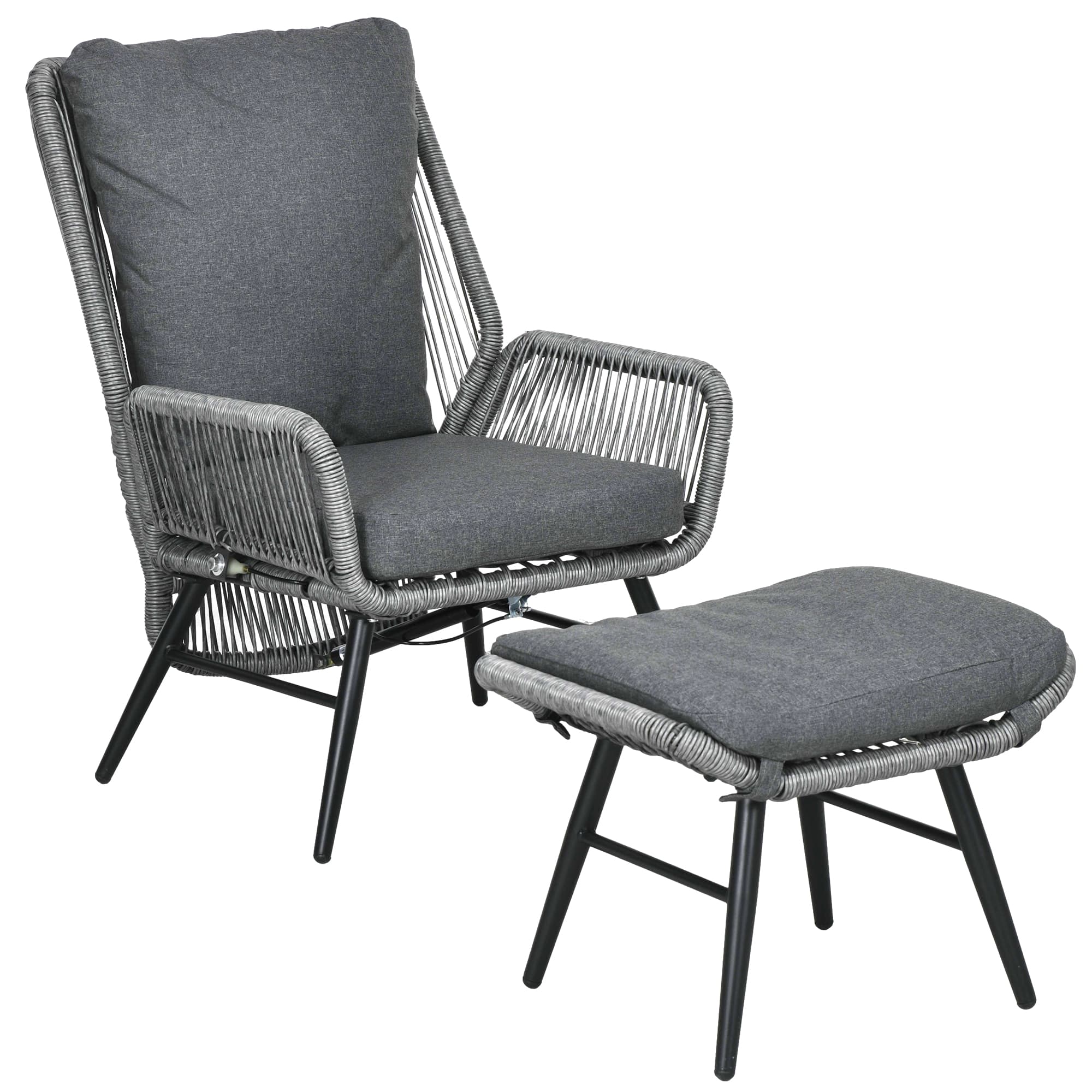 Outsunny 2 PCs PE Rattan Leisure Chair Set, Outdoor Reclining Patio Chair and Footrest w/ Adjustable Backrest & Cushion, Grey | Aosom UK