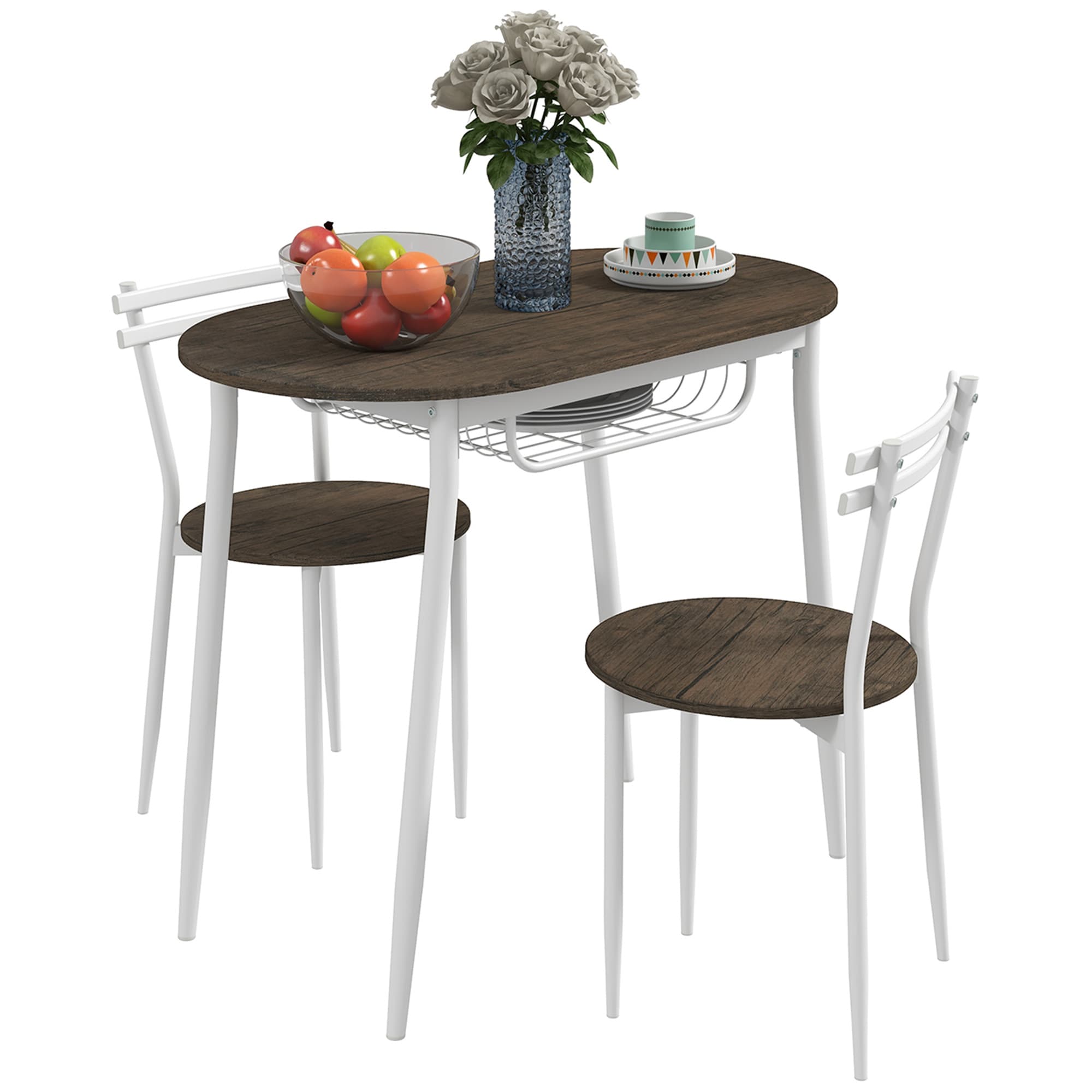 HOMCOM 3-Piece Dining Table and Chairs Set, Oval Kitchen Table with 2 Chairs, with Wire Storage Shelf and Steel Frame, Natural | Aosom UK