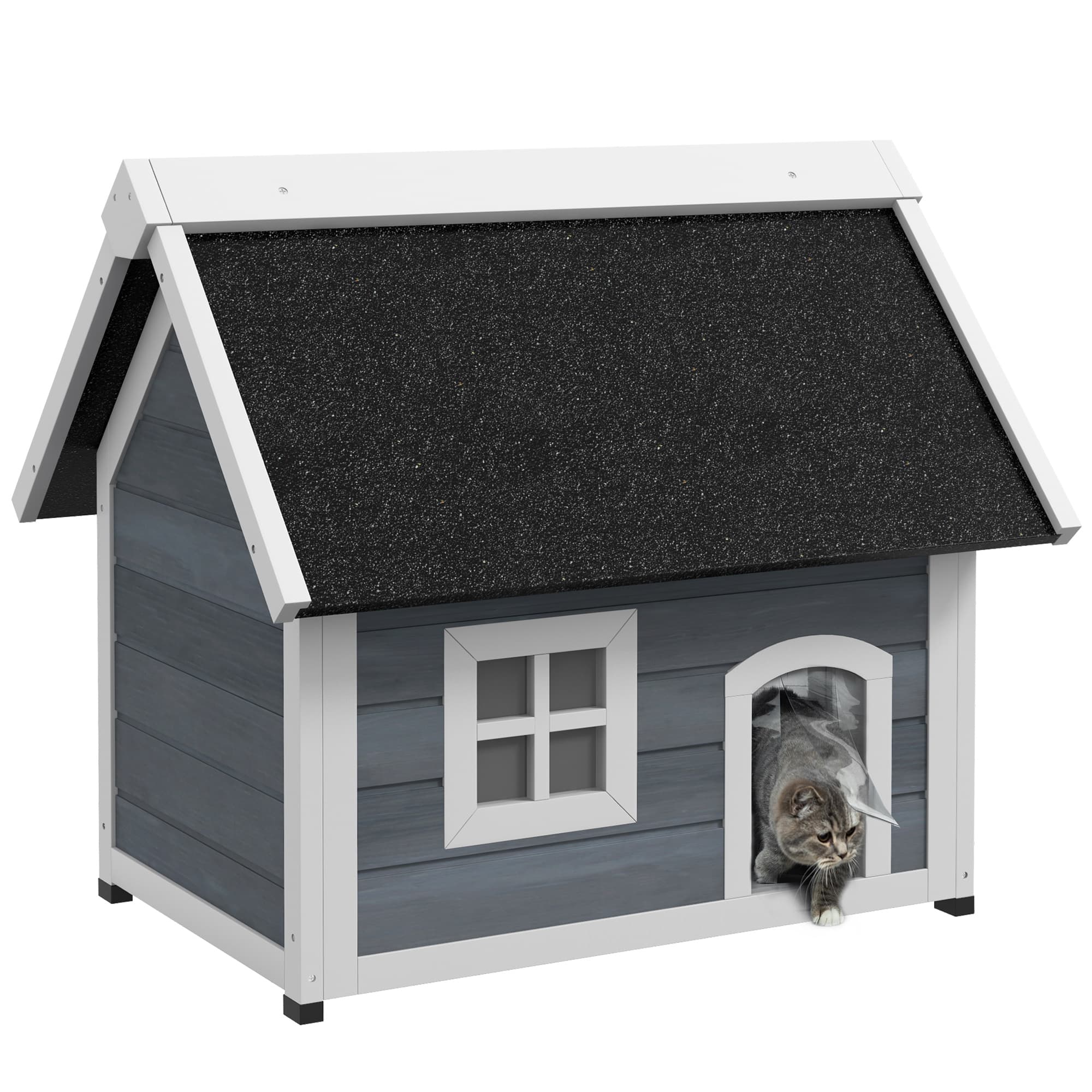 PawHut Outdoor Cat House, Wooden Feral Cat Shelter Waterproof Hide House with Openable Asphalt Roof and Three Doors, 77 x 57.5 x 68cm, Grey | Aosom UK