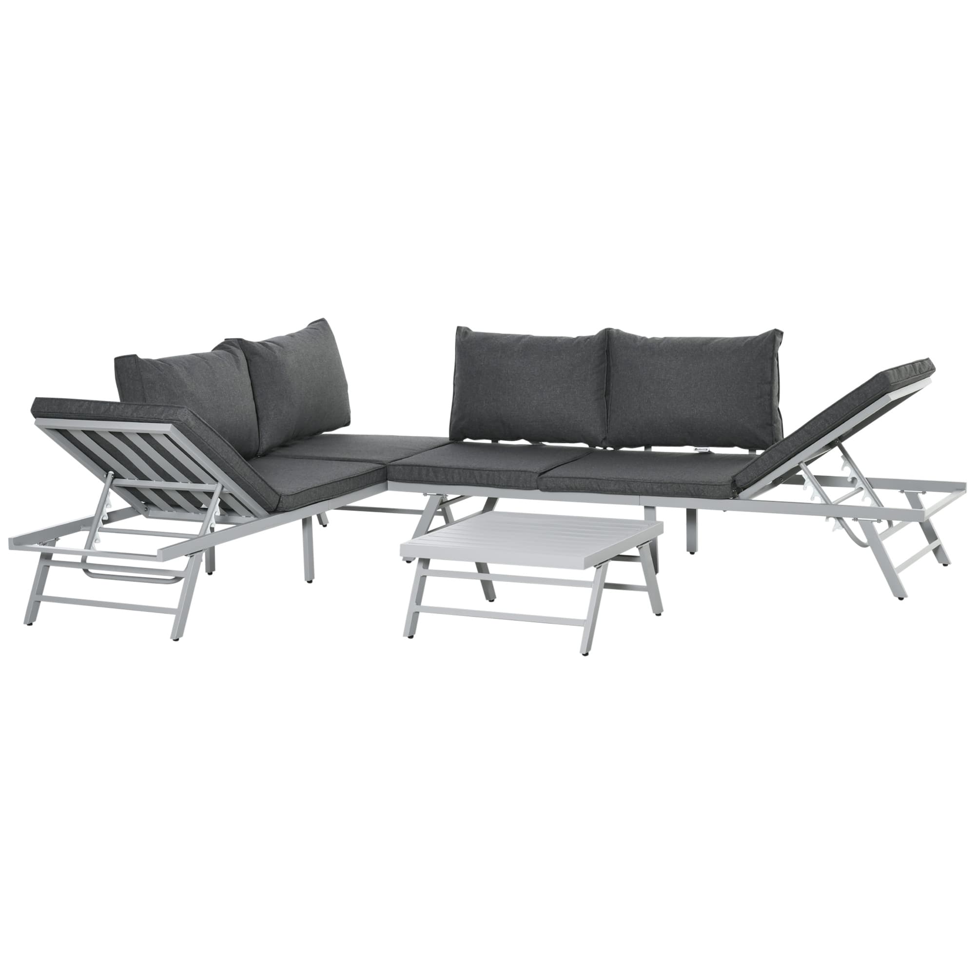 Outsunny 3 Pcs Garden Seating Set w/ Convertible Sofa Lounge Table Padded Cushions Outdoor Patio Furniture Couch Grey