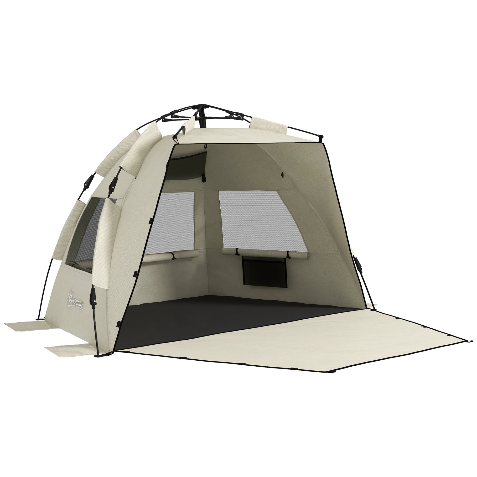 Outsunny 2-3 Person Pop Up Beach Tent, UPF15+ Sun Shelter with Extended Floor, Sandbags, Mesh Windows and Carry Bag, Khaki | Aosom UK
